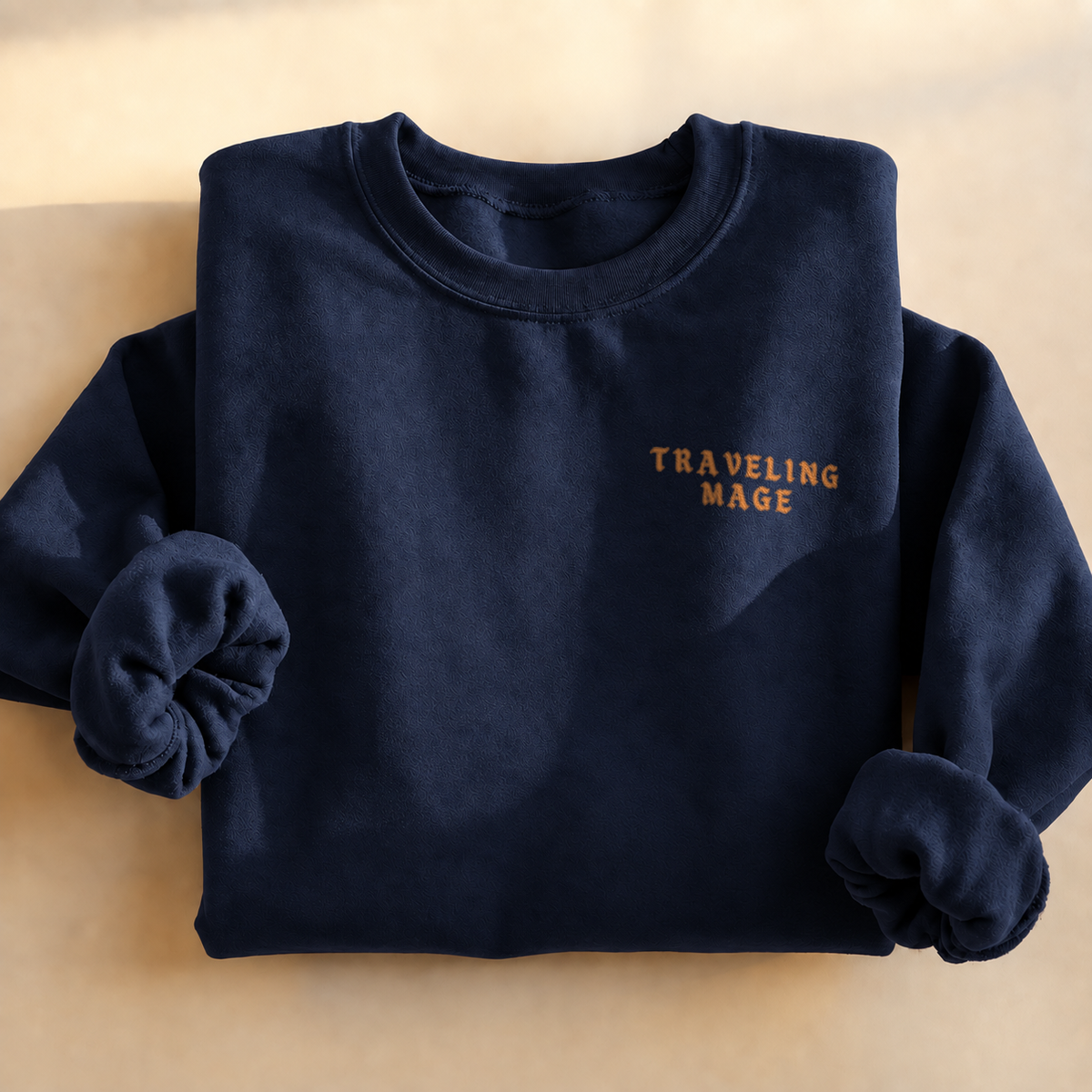 Customizable Traveling Mage Village Sweatshirt, alternate view, cat mage traveling toward a floating village