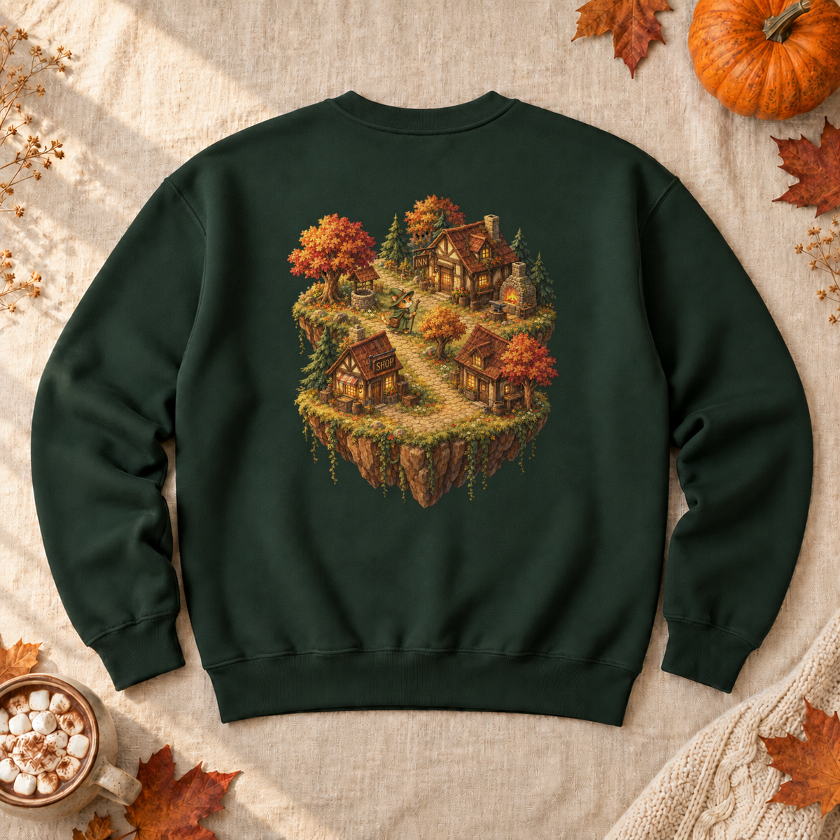 Customizable Traveling Mage Village Sweatshirt, alternate view, cat mage traveling toward a floating village