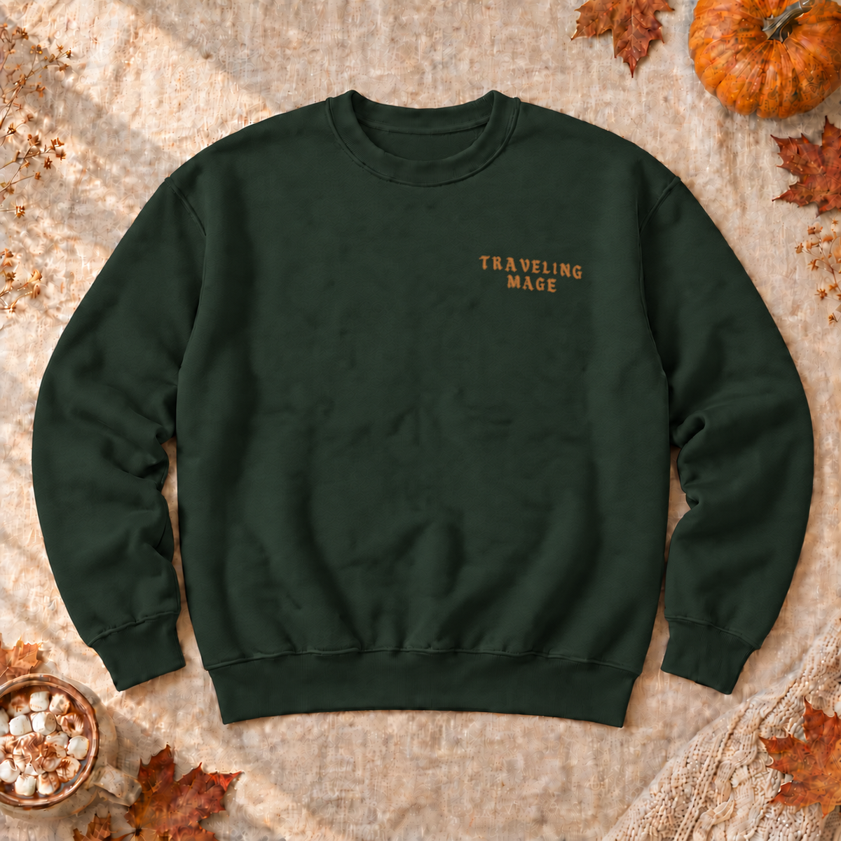 Customizable Traveling Mage Village Sweatshirt, alternate view, cat mage traveling toward a floating village
