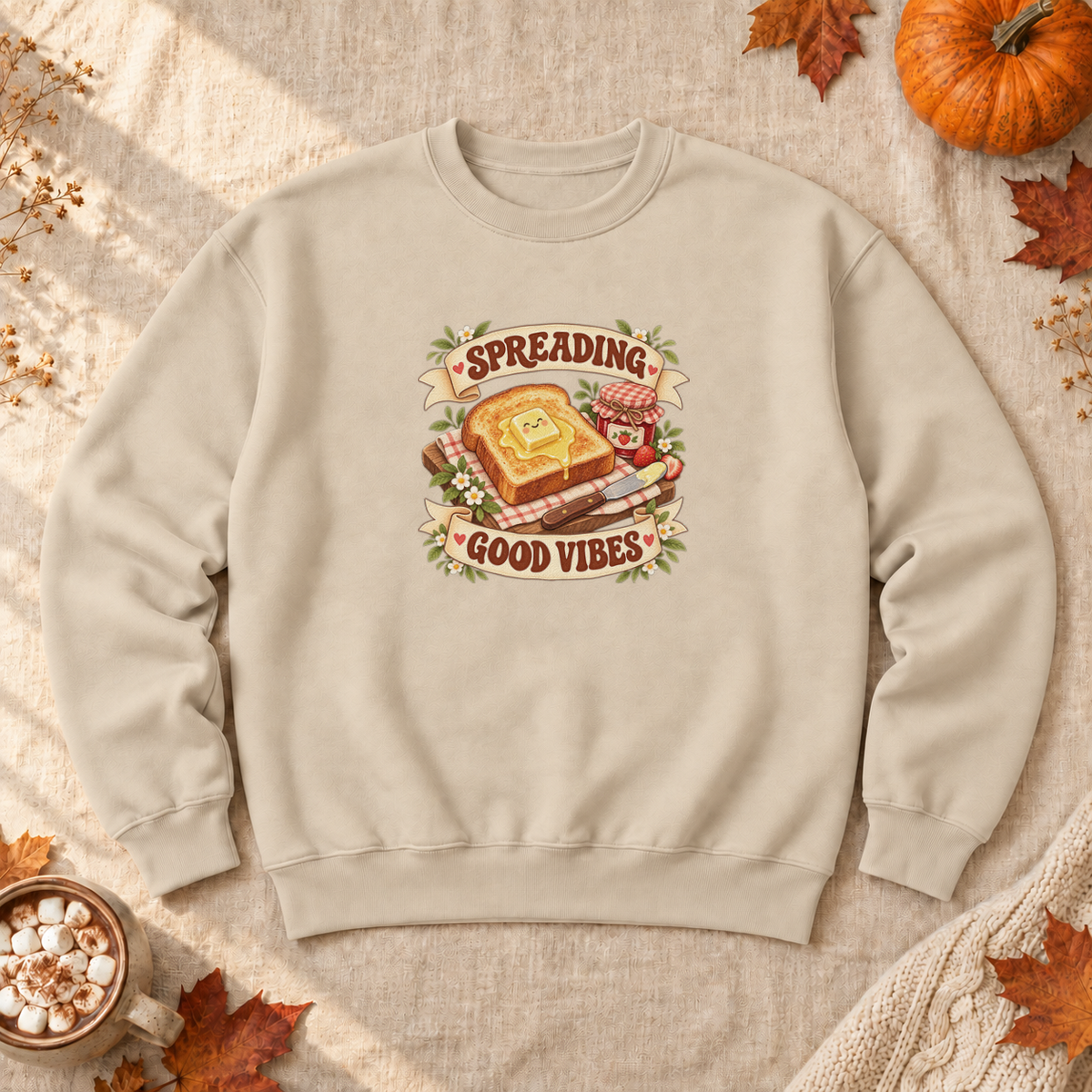 Spreading Good Vibes Toast Sweatshirt, alternate view, butter melting on toast