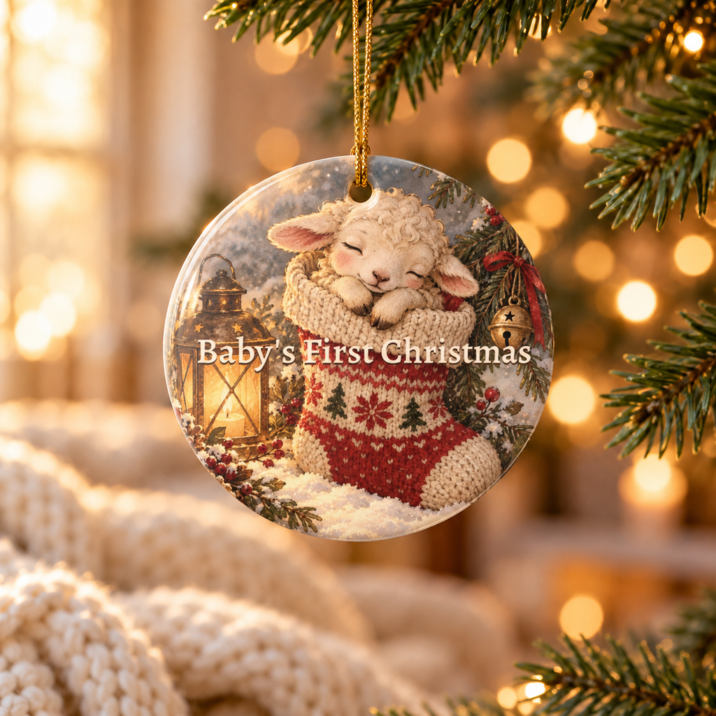 Personalized Baby's First Christmas Ornament, lamb in a stocking reading Baby's First Christmas, for new parents