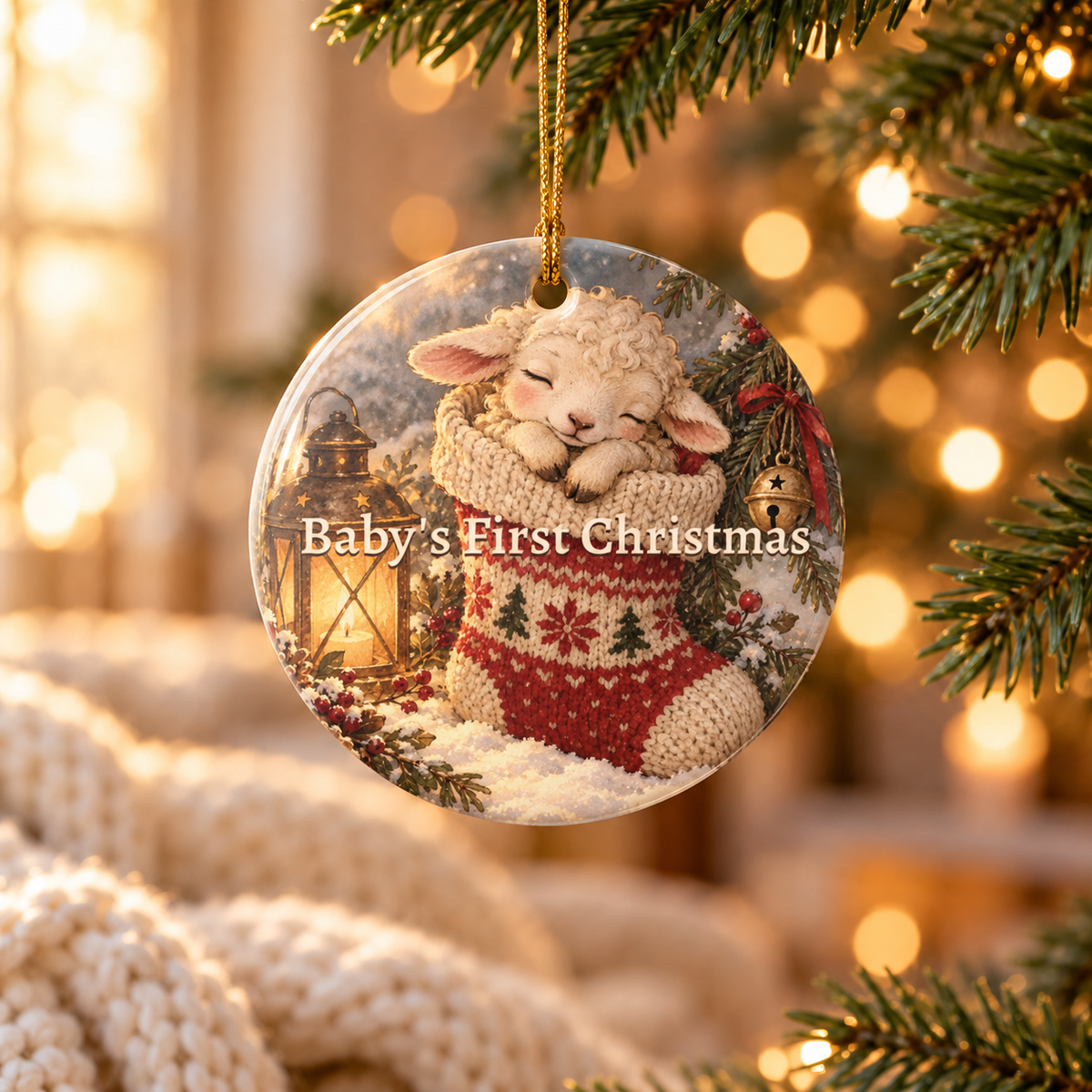 Personalized Baby's First Christmas Ornament, lamb in a stocking reading Baby's First Christmas, for new parents