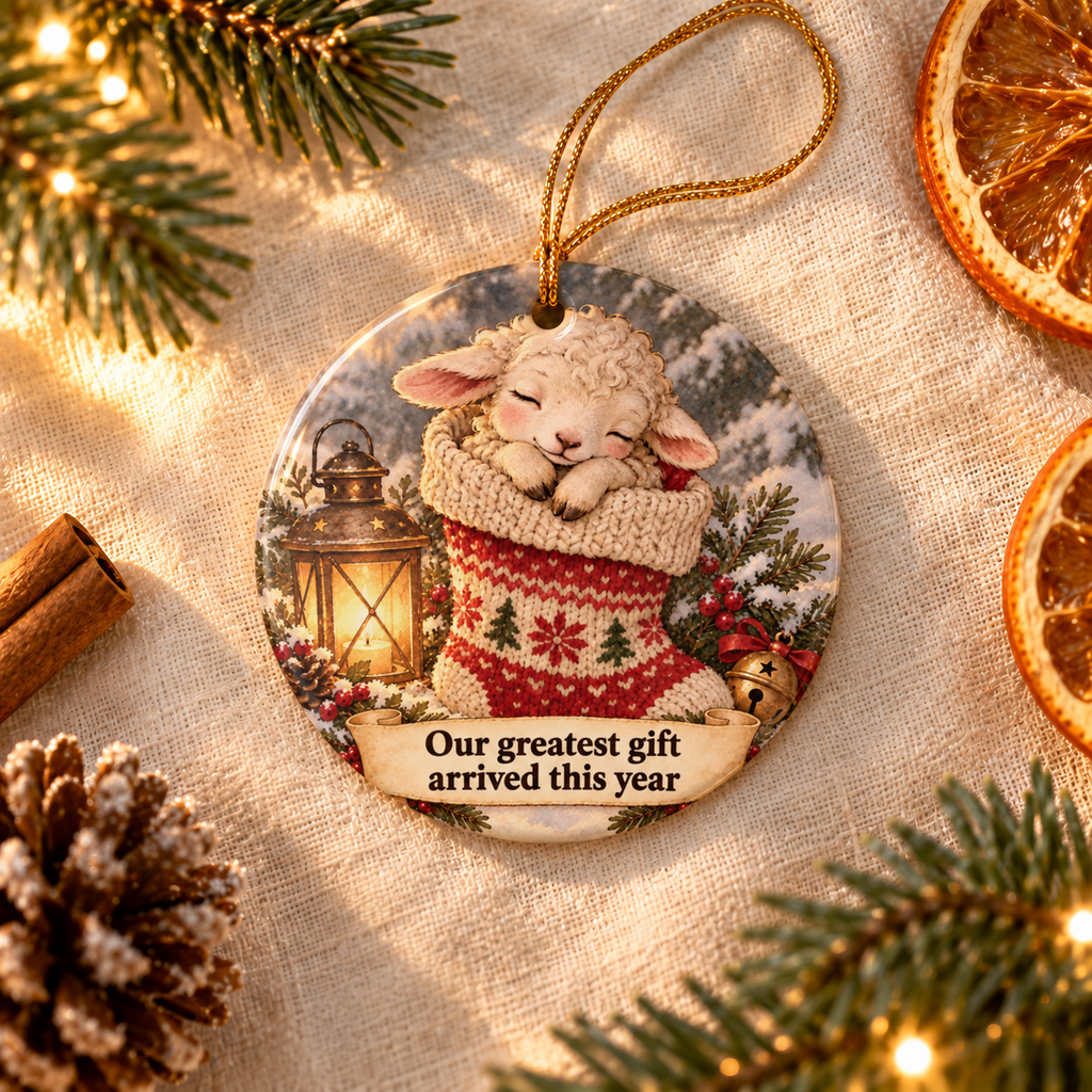 Personalized Baby's First Christmas Ornament, alternate view, lamb in a stocking reading Baby's First Christmas
