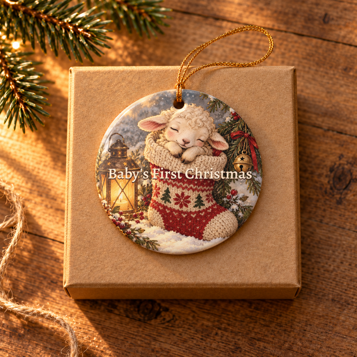 Personalized Baby's First Christmas Ornament, alternate view, lamb in a stocking reading Baby's First Christmas