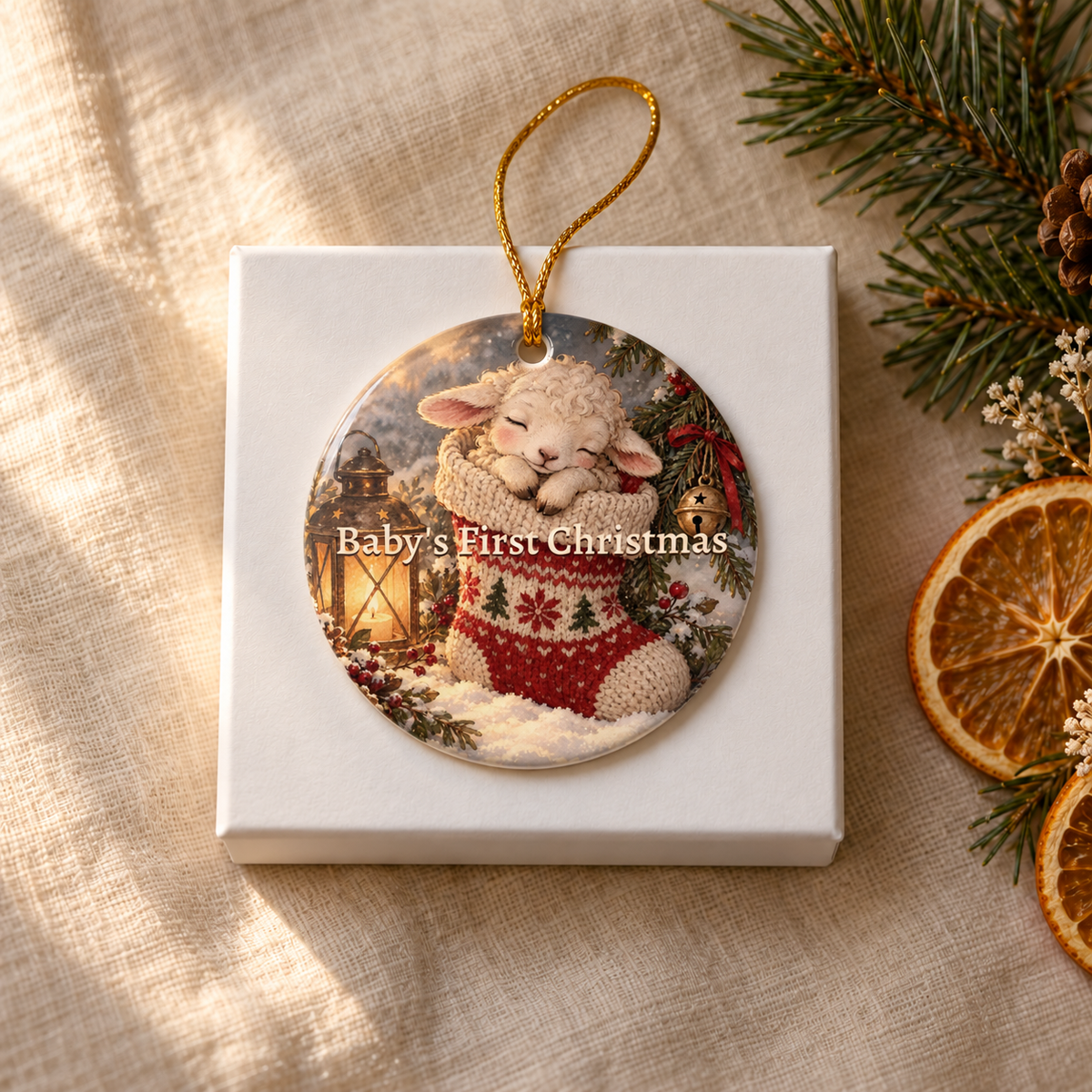 Personalized Baby's First Christmas Ornament, alternate view, lamb in a stocking reading Baby's First Christmas
