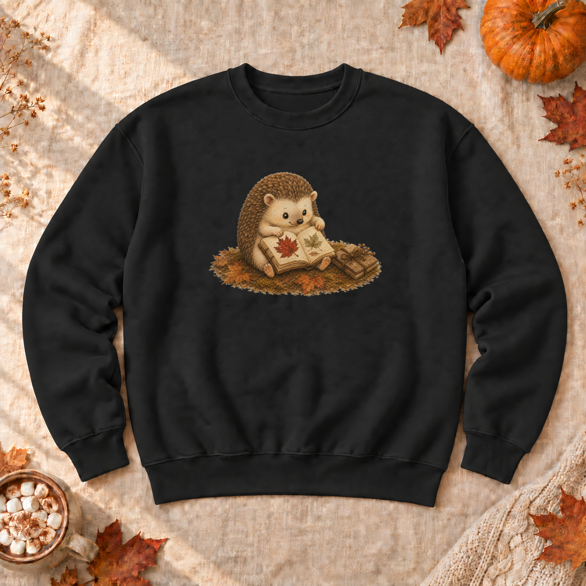 Autumn Hedgehog Reading Sweatshirt, alternate view, hedgehog pressing autumn leaves in a book