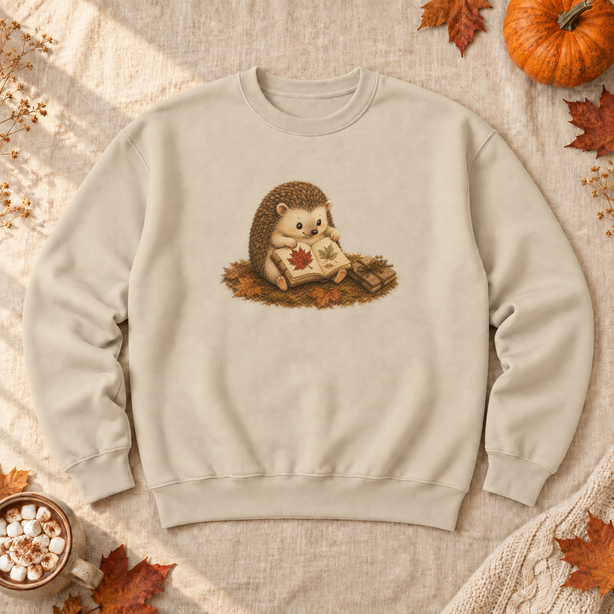Autumn Hedgehog Reading Sweatshirt, alternate view, hedgehog pressing autumn leaves in a book