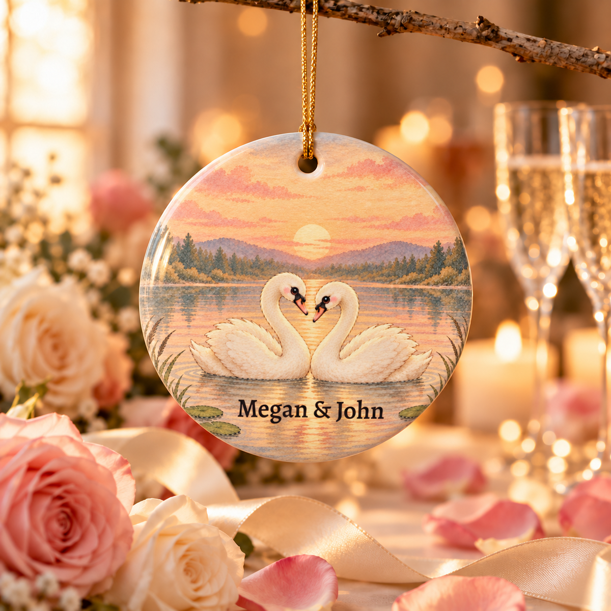 Personalized Anniversary Swan Ornament, swan anniversary ornament with custom names, for couples