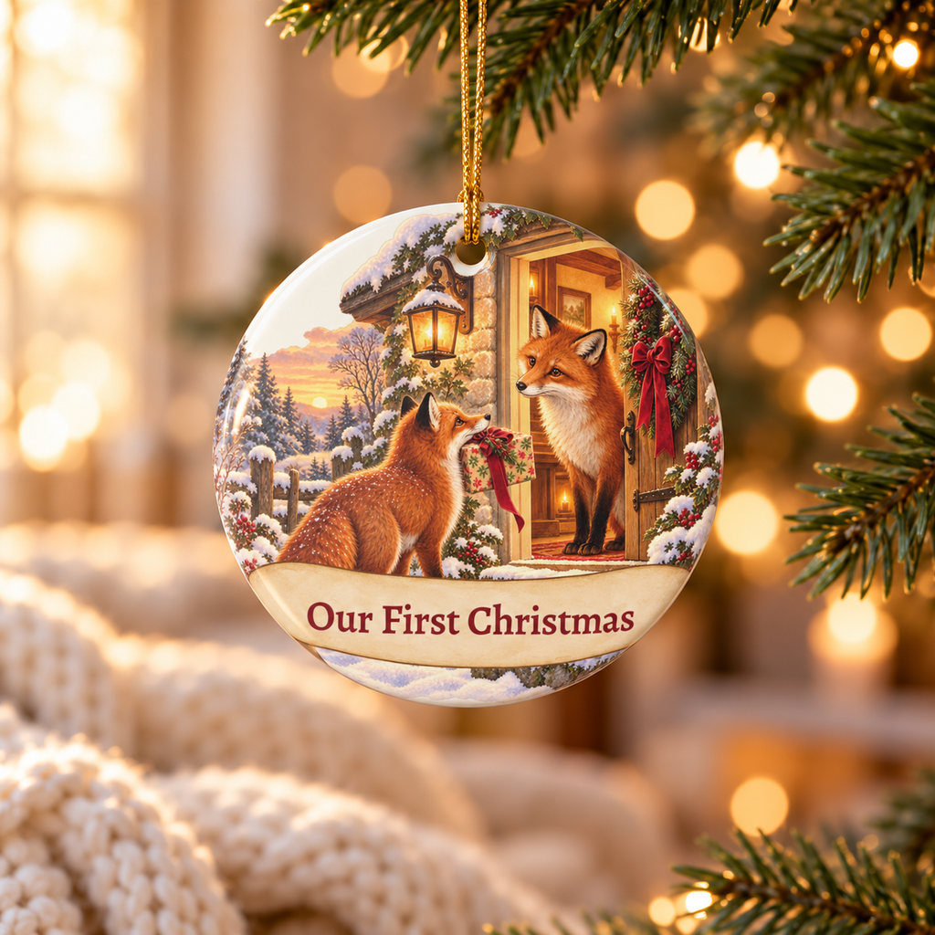 Personalized First Christmas Foxes Ornament, foxes with Our First Christmas text, for couples