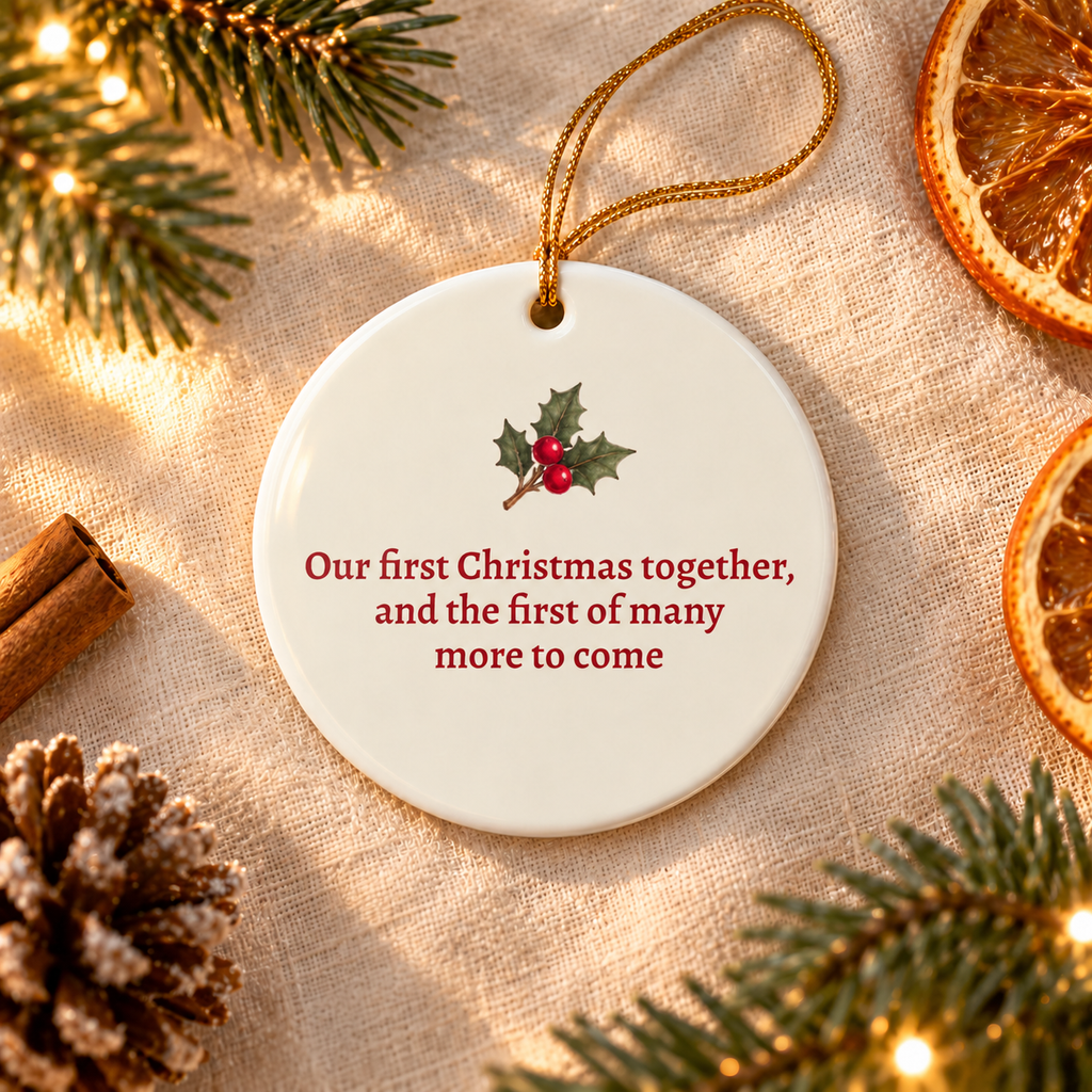 Personalized First Christmas Foxes Ornament, alternate view, foxes with Our First Christmas text
