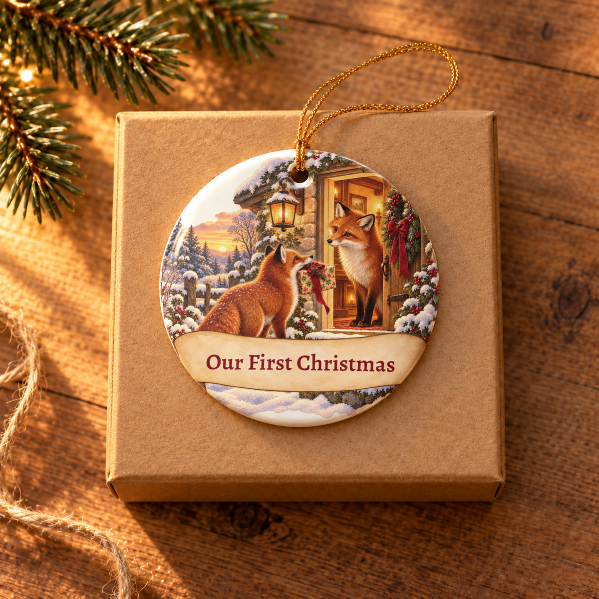 Personalized First Christmas Foxes Ornament, alternate view, foxes with Our First Christmas text