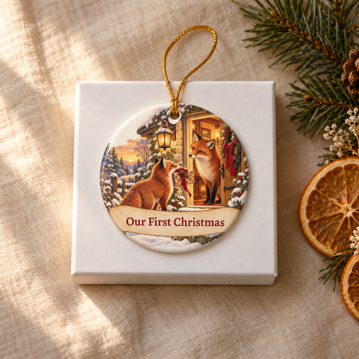 Personalized First Christmas Foxes Ornament, alternate view, foxes with Our First Christmas text