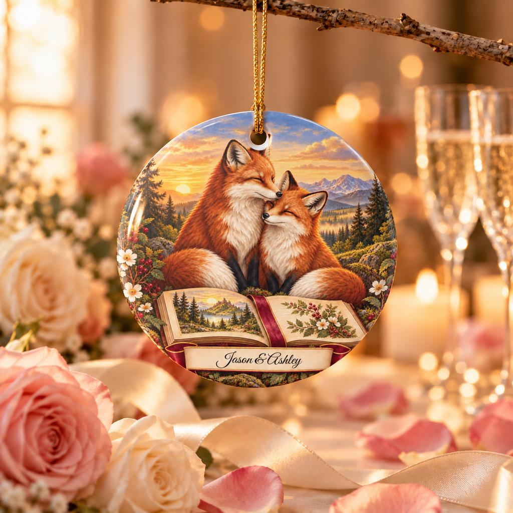 Personalized Love Poem Ornament, fox couple with a love poem, for couples