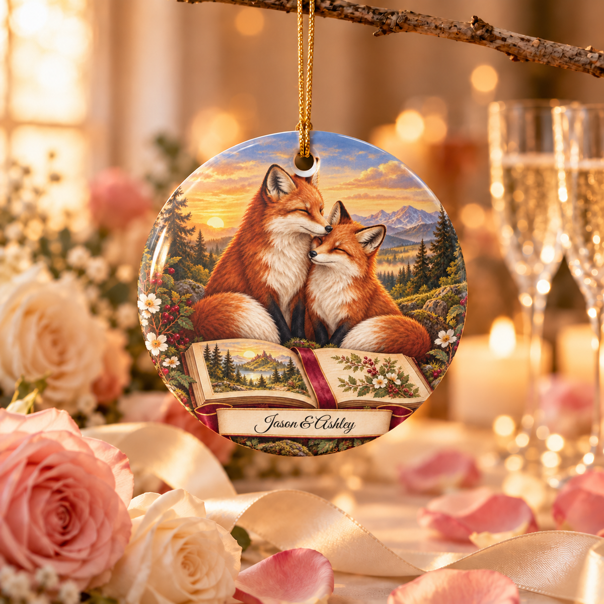 Personalized Love Poem Ornament, fox couple with a love poem, for couples