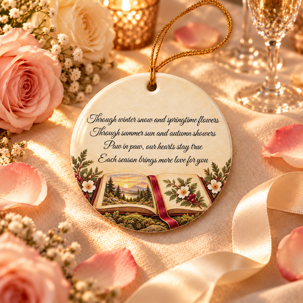 Personalized Love Poem Ornament, alternate view, fox couple with a love poem