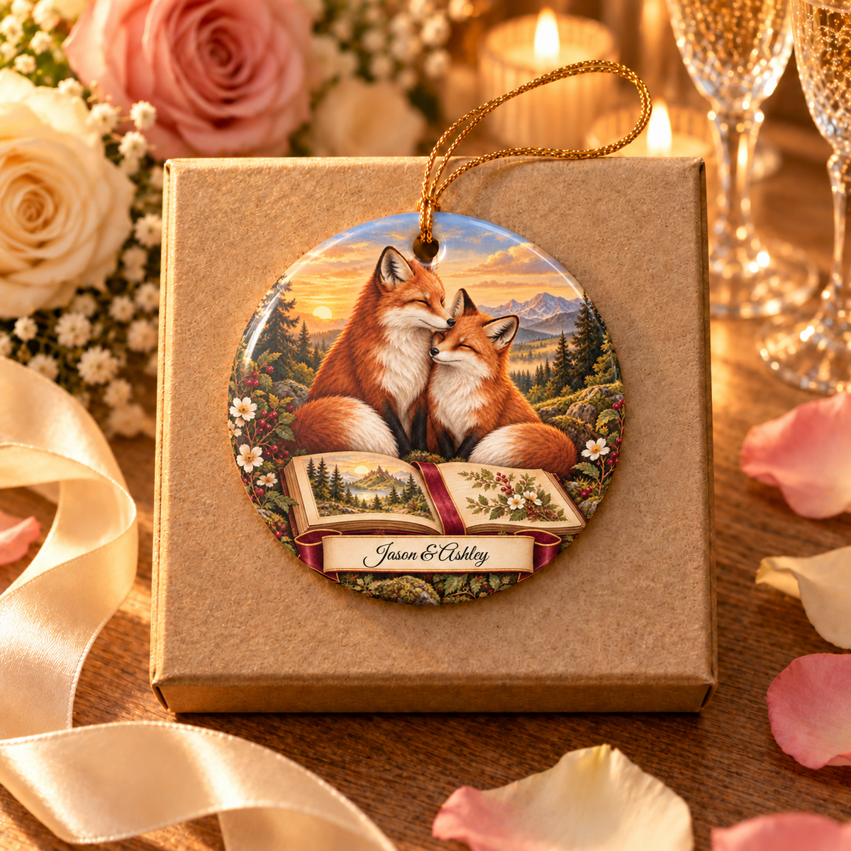 Personalized Love Poem Ornament, alternate view, fox couple with a love poem