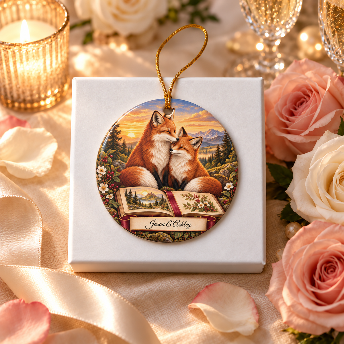 Personalized Love Poem Ornament, alternate view, fox couple with a love poem