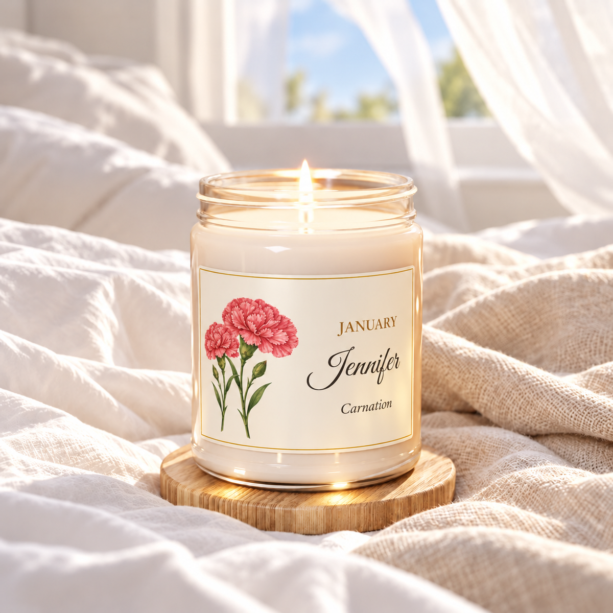 Personalized January birth flower name candle with Carnation, Clean Cotton scent
