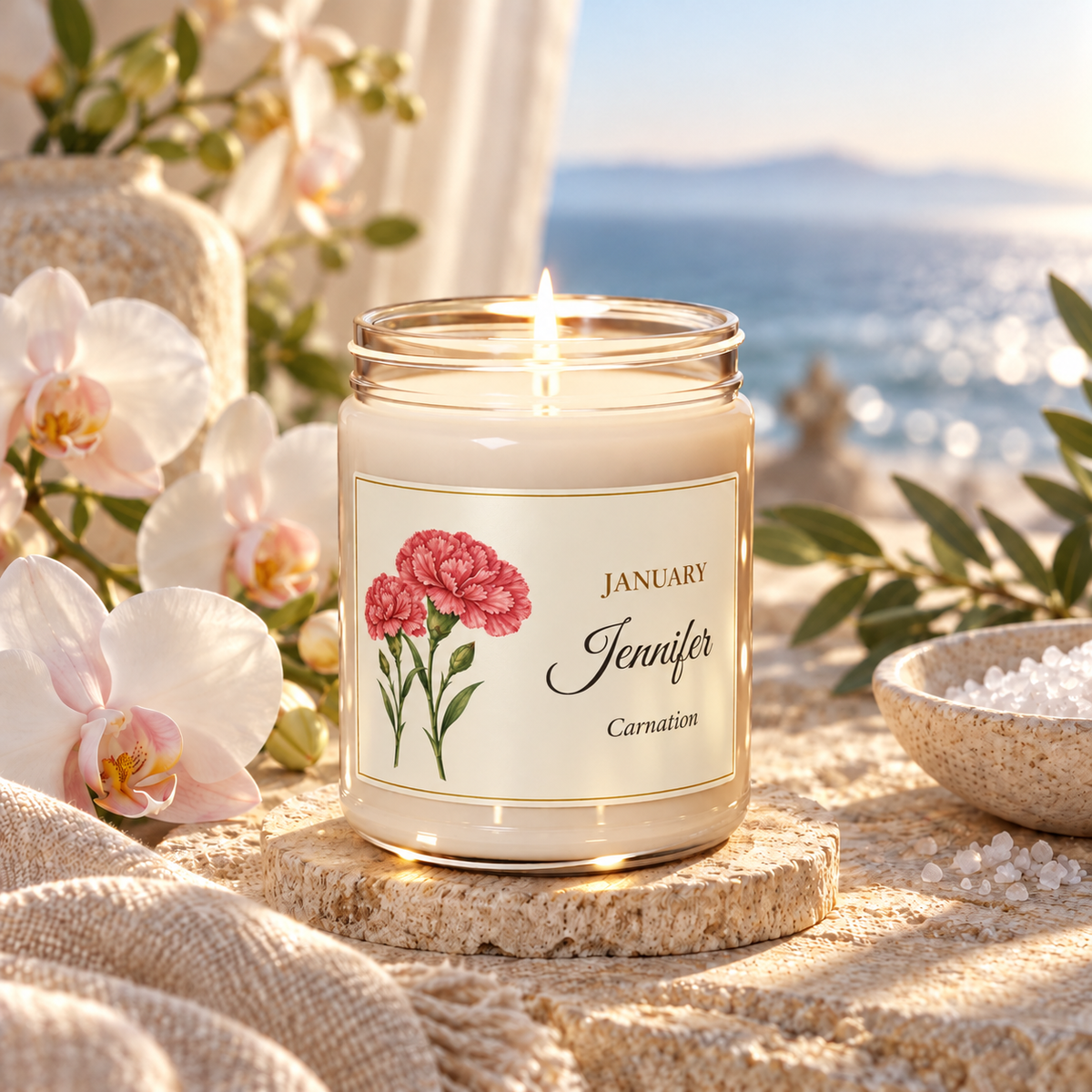 Personalized January birth flower name candle with Carnation, Sea Salt + Orchid scent