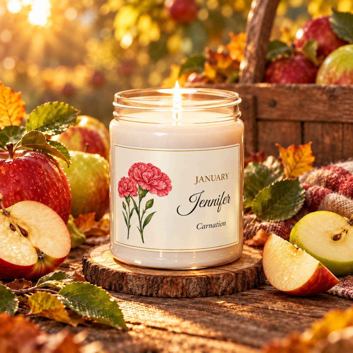 Personalized January birth flower name candle with Carnation, Apple Harvest scent