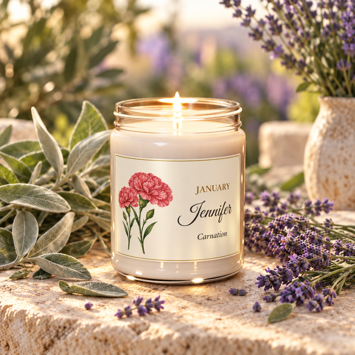 Personalized January birth flower name candle with Carnation, White Sage and Lavender scent