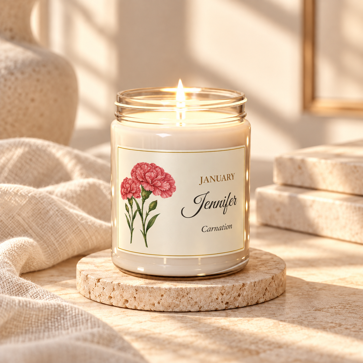 Personalized January birth flower name candle with Carnation, unscented