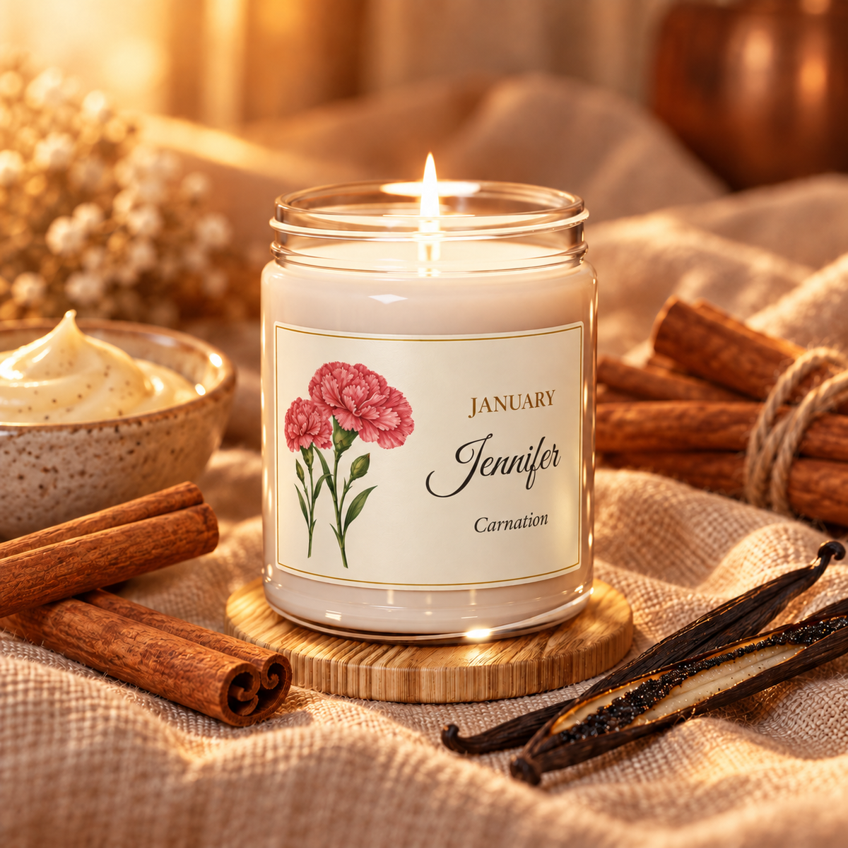 Personalized January birth flower name candle with Carnation, Cinnamon Vanilla scent