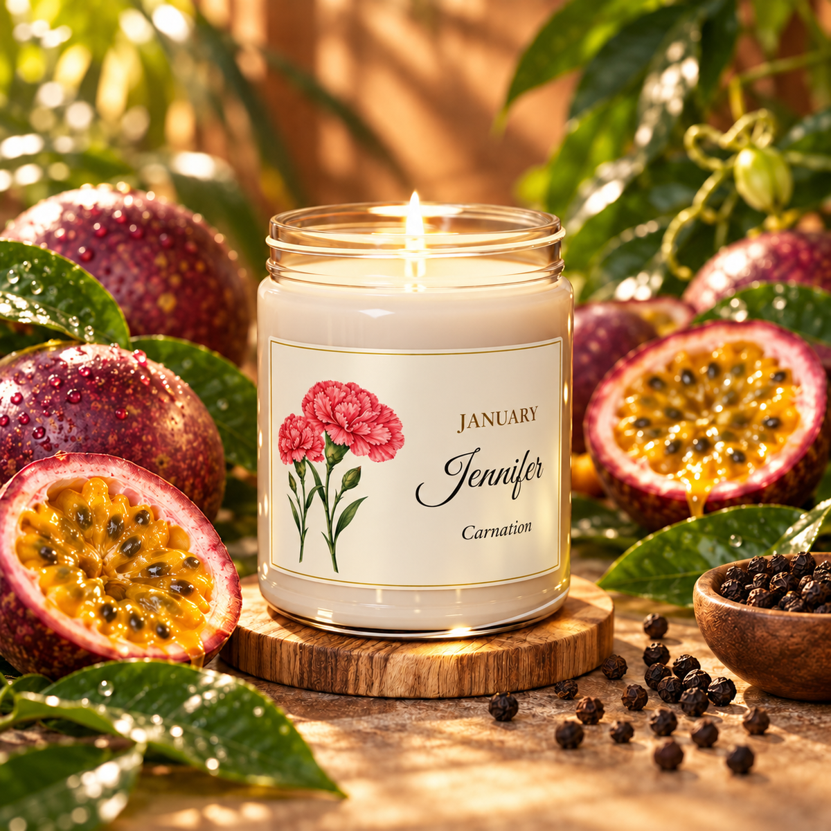 Personalized January birth flower name candle with Carnation, Peppered Passionfruit scent