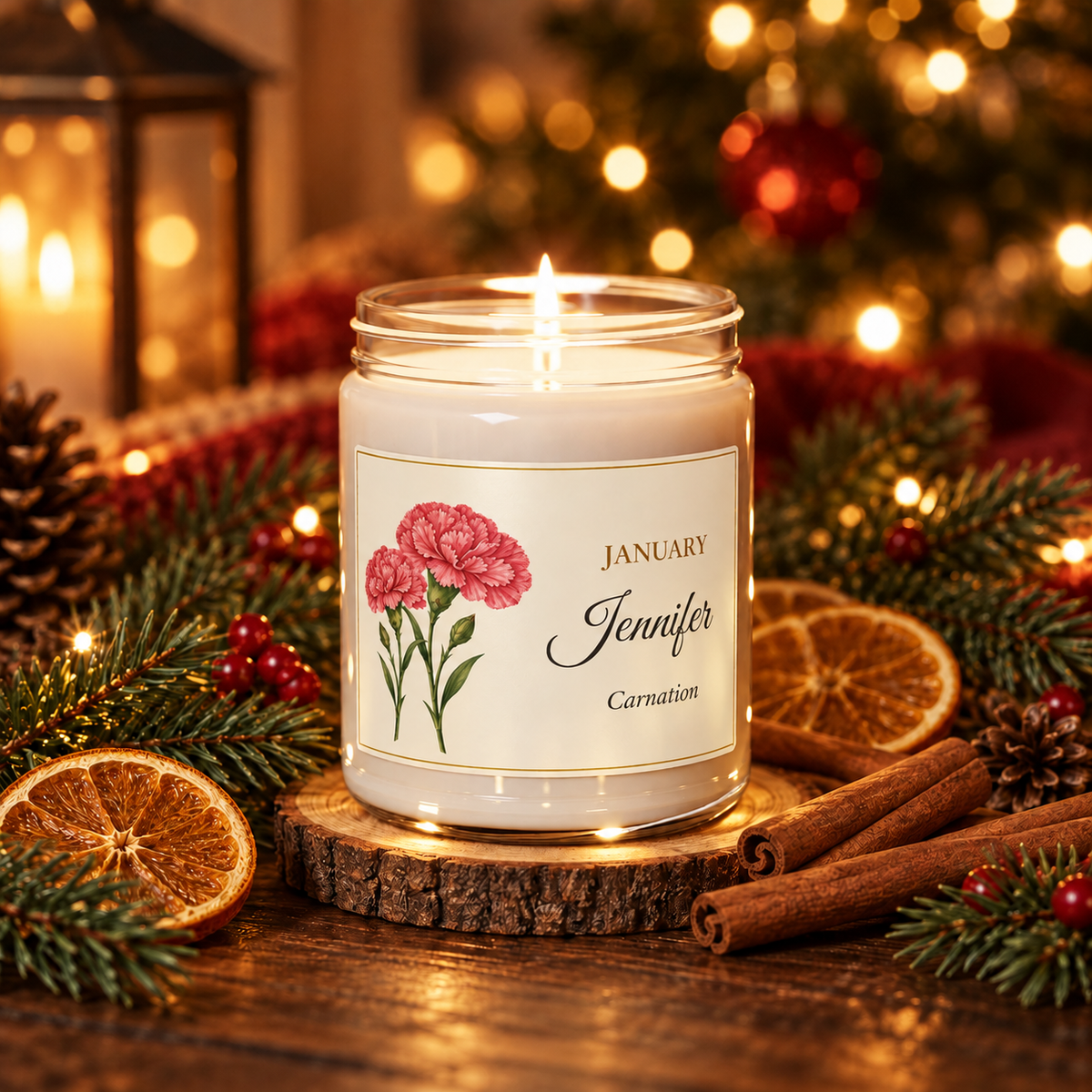 Personalized January birth flower name candle with Carnation, Christmas Warmth scent