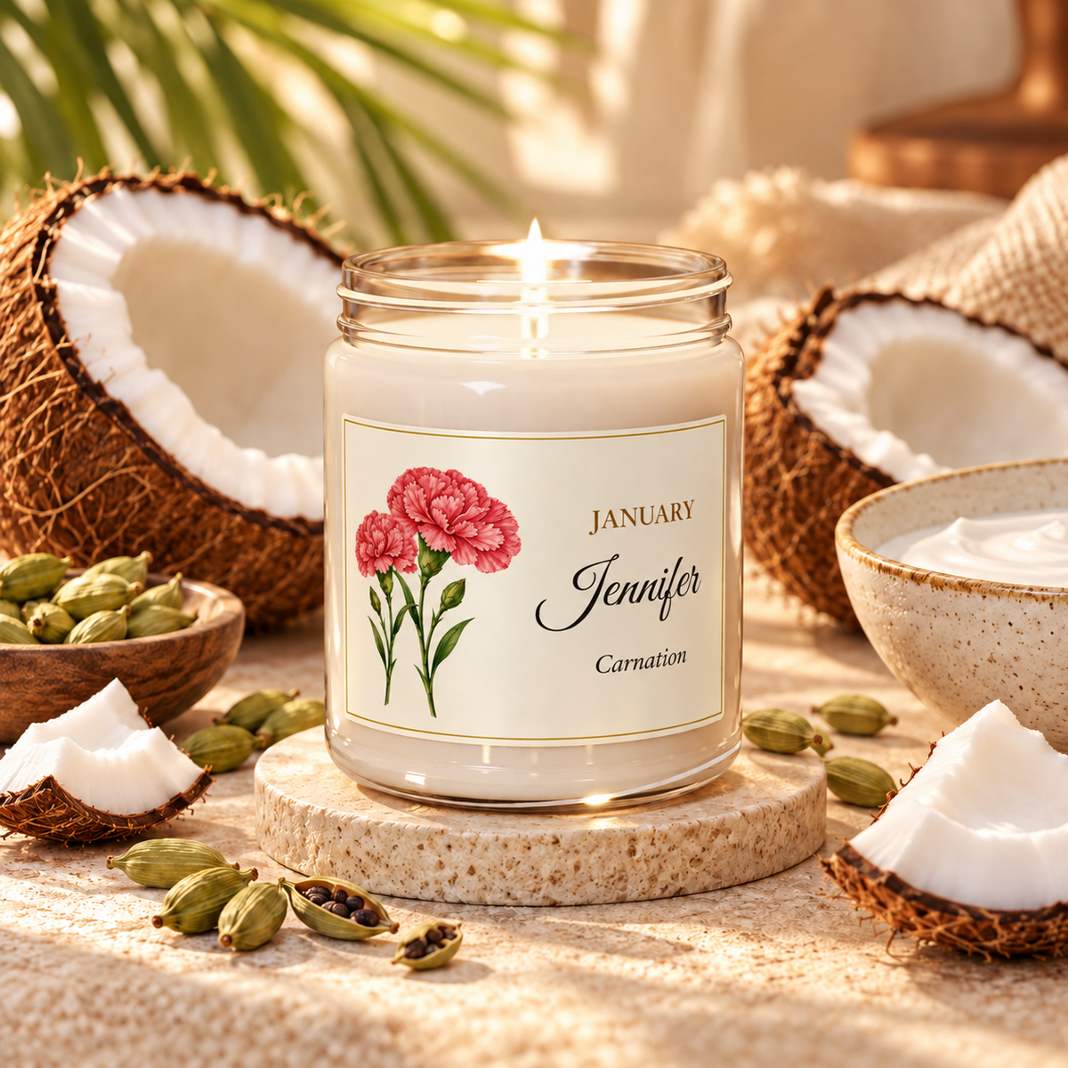 Personalized January birth flower name candle with Carnation, Coconut Cream + Cardamom scent
