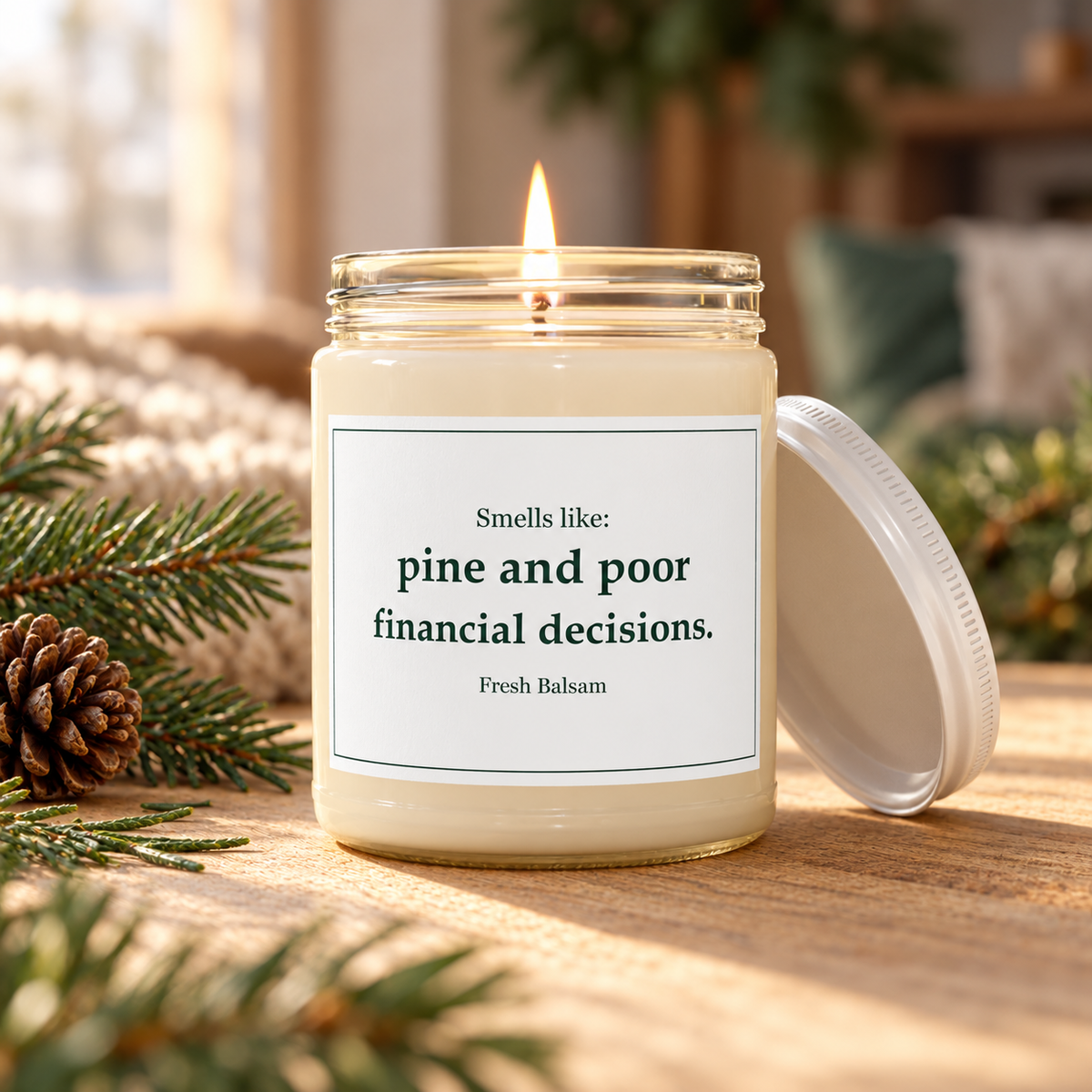 Pine and Poor Financial Decisions Candle