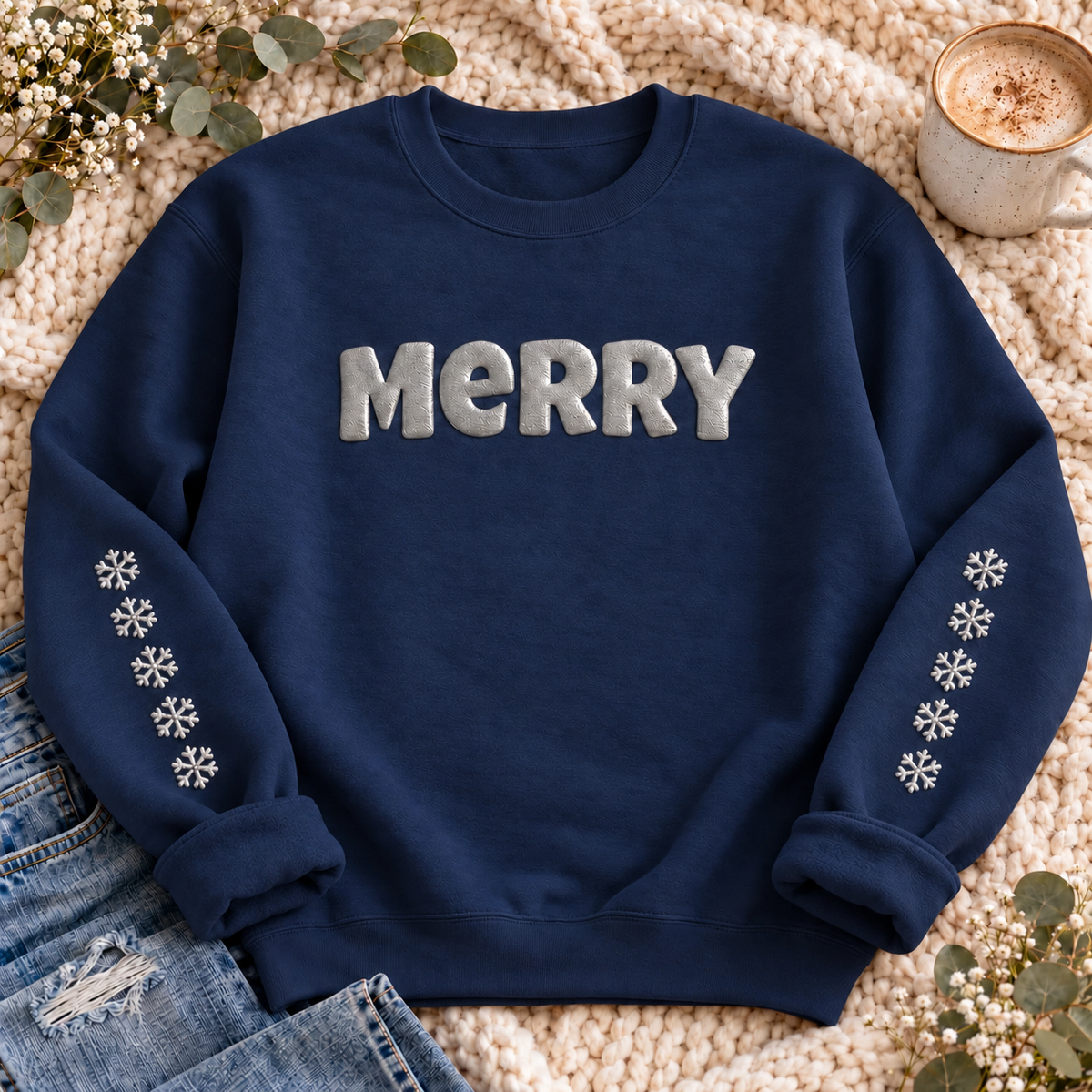 Merry Metallic Puff Christmas Sweatshirt, MERRY in metallic puff letters with snowflakes, for Christmas lovers