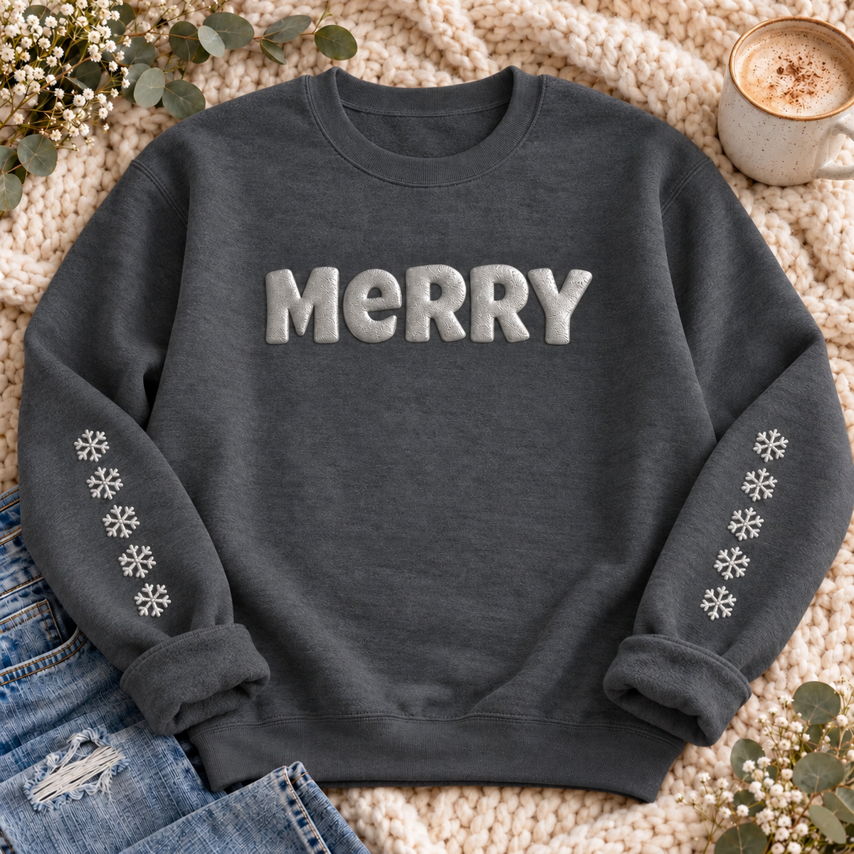 Merry Metallic Puff Christmas Sweatshirt, alternate view, MERRY in metallic puff letters with snowflakes