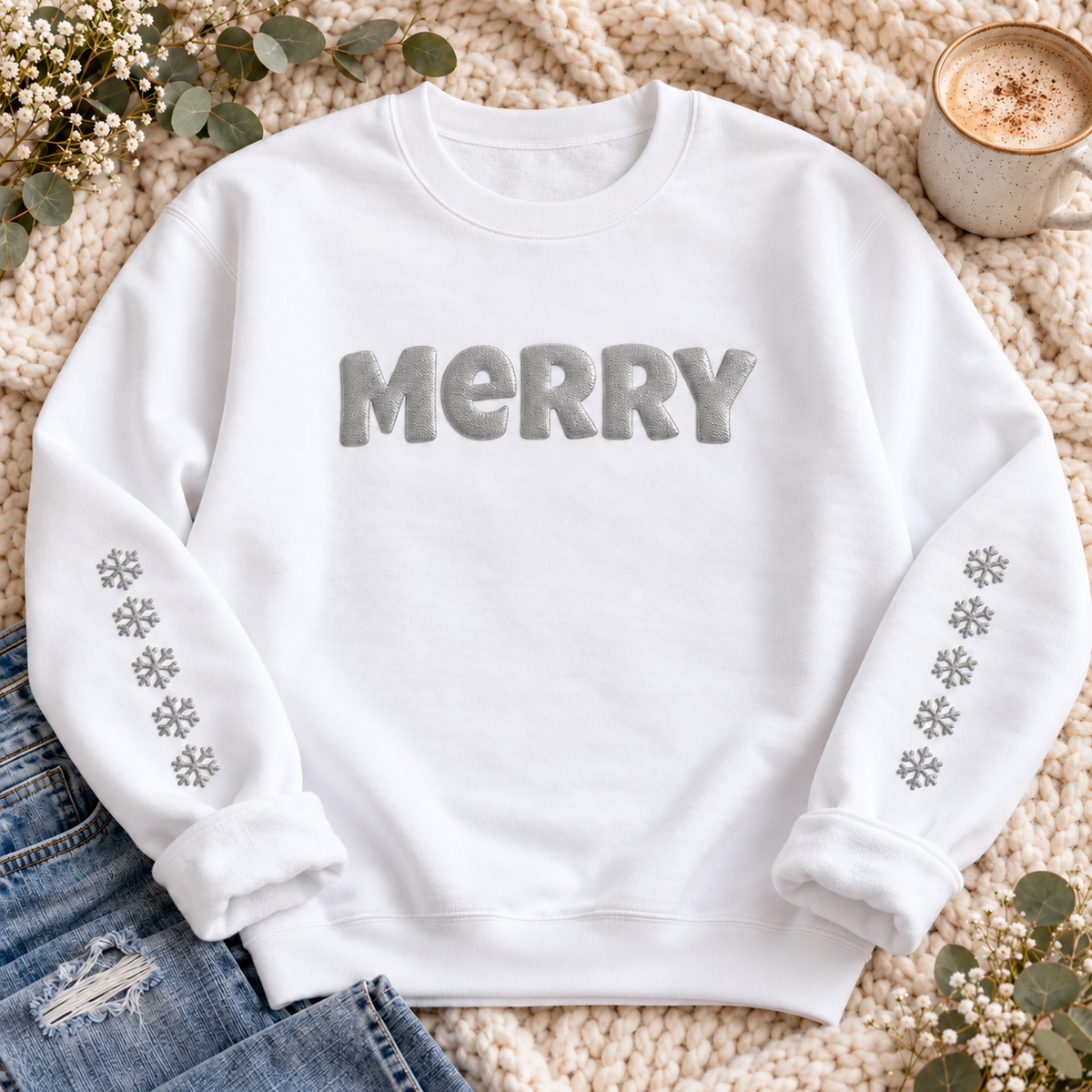 Merry Metallic Puff Christmas Sweatshirt, alternate view, MERRY in metallic puff letters with snowflakes