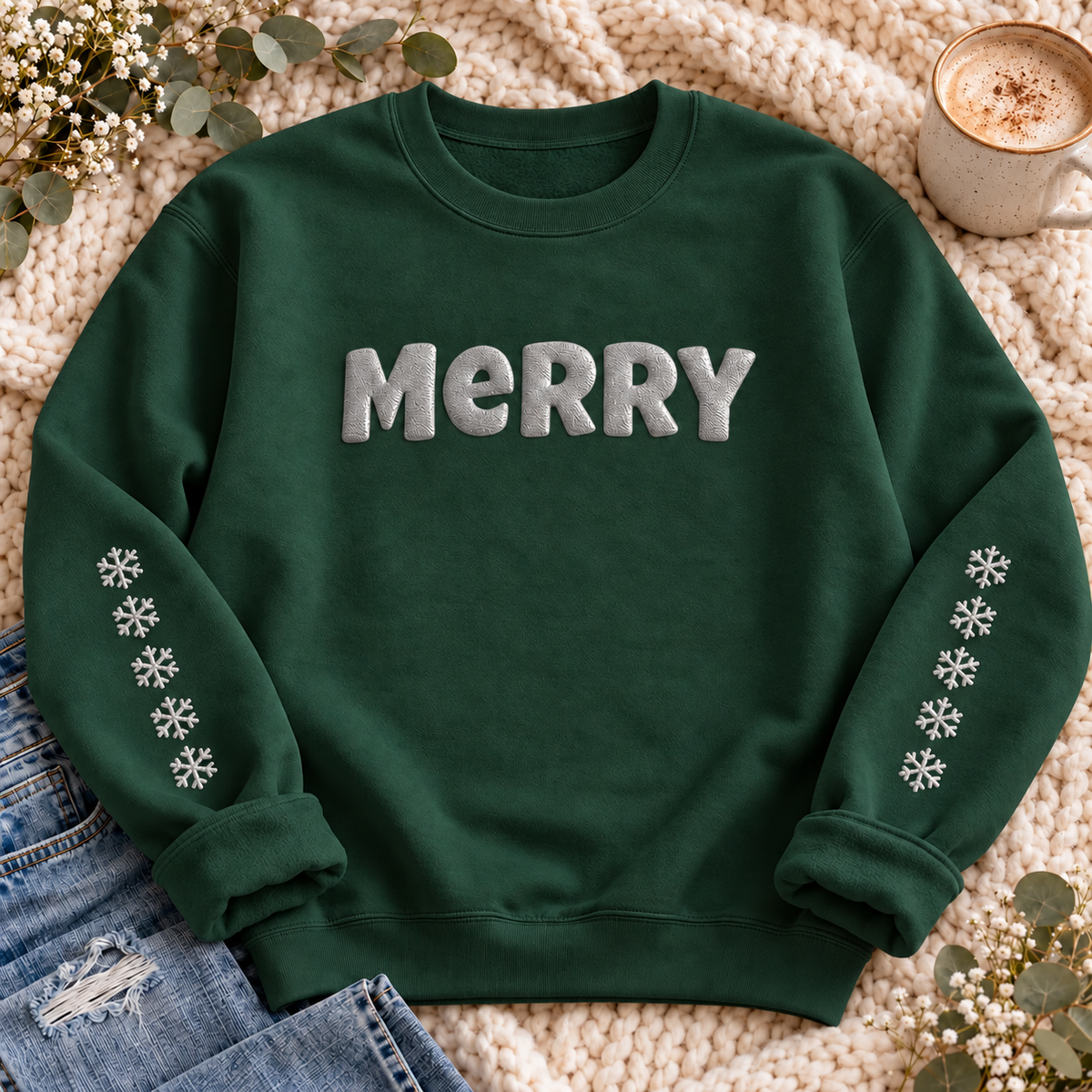 Merry Metallic Puff Christmas Sweatshirt, alternate view, MERRY in metallic puff letters with snowflakes