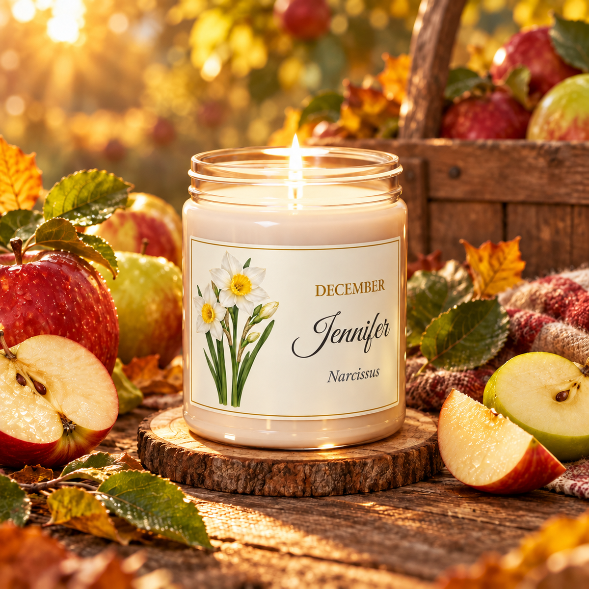Personalized December birth flower name candle with Narcissus, Apple Harvest scent
