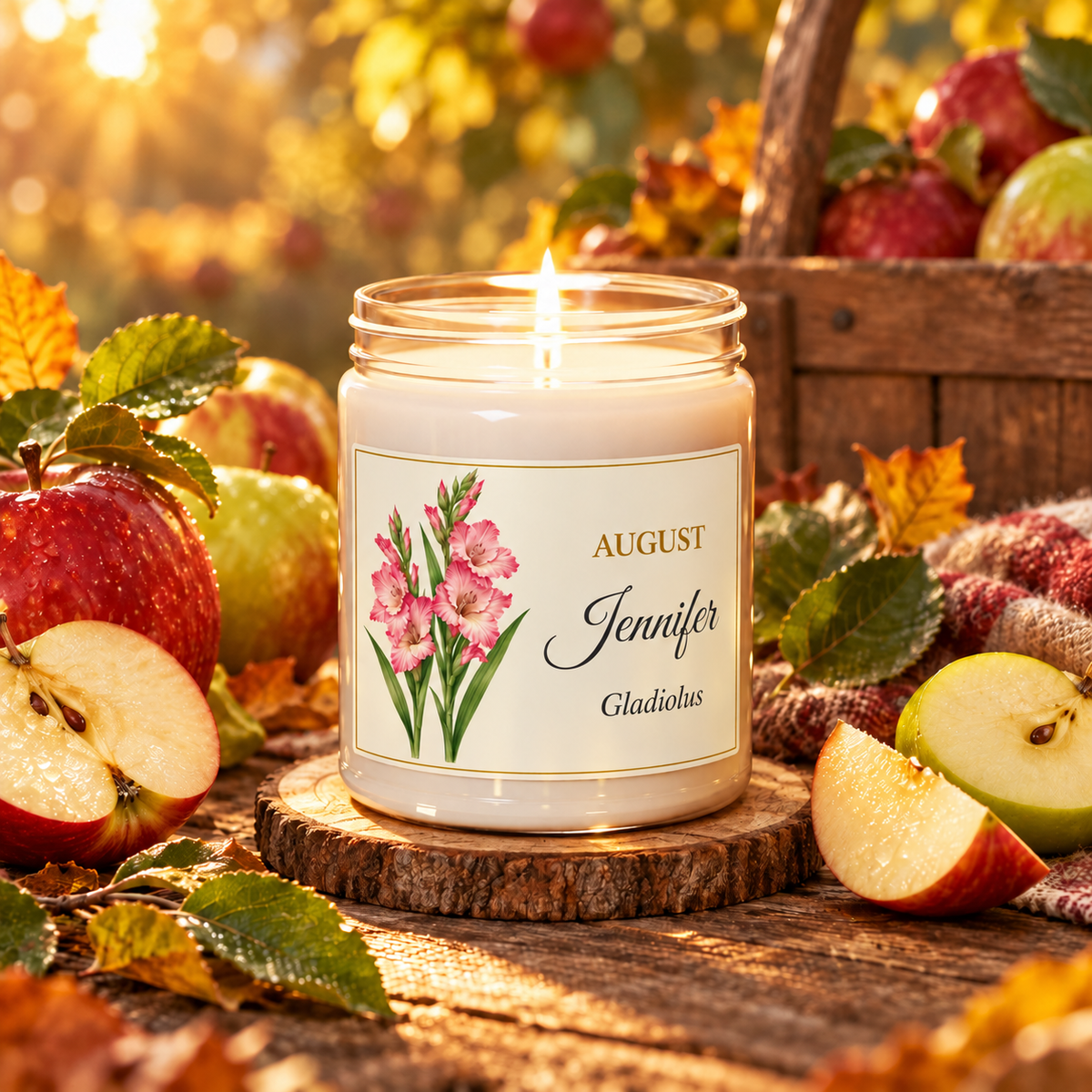 Personalized August birth flower name candle with Gladiolus, Apple Harvest scent