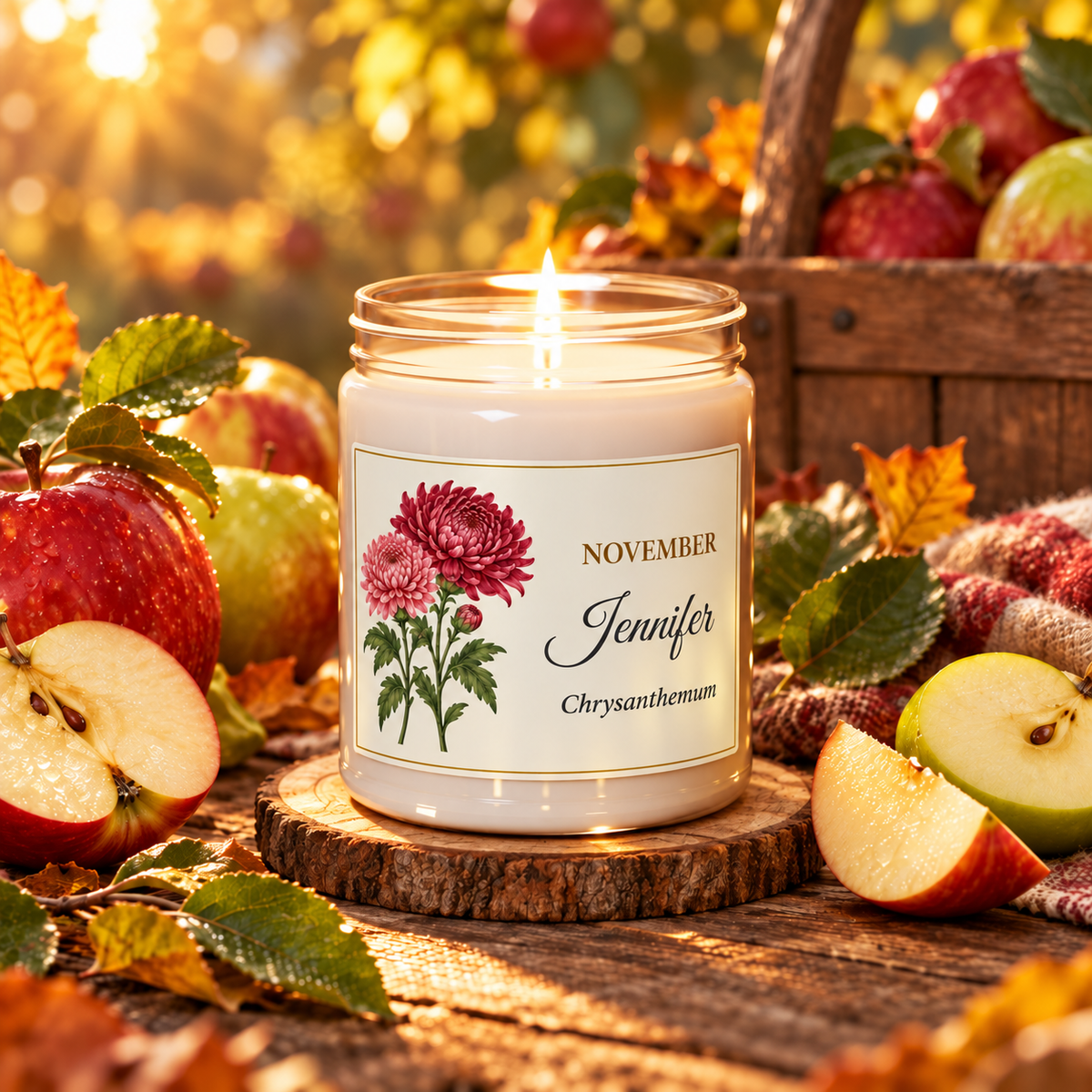 Personalized November birth flower name candle with Chrysanthemum, Apple Harvest scent