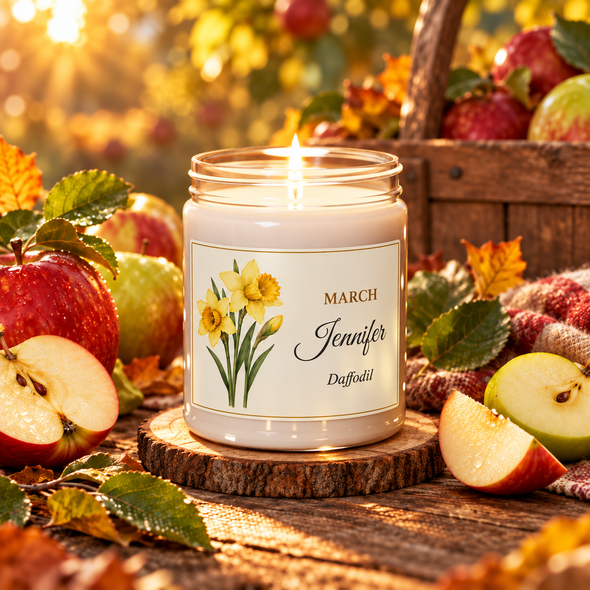 Personalized March birth flower name candle with Daffodil, Apple Harvest scent