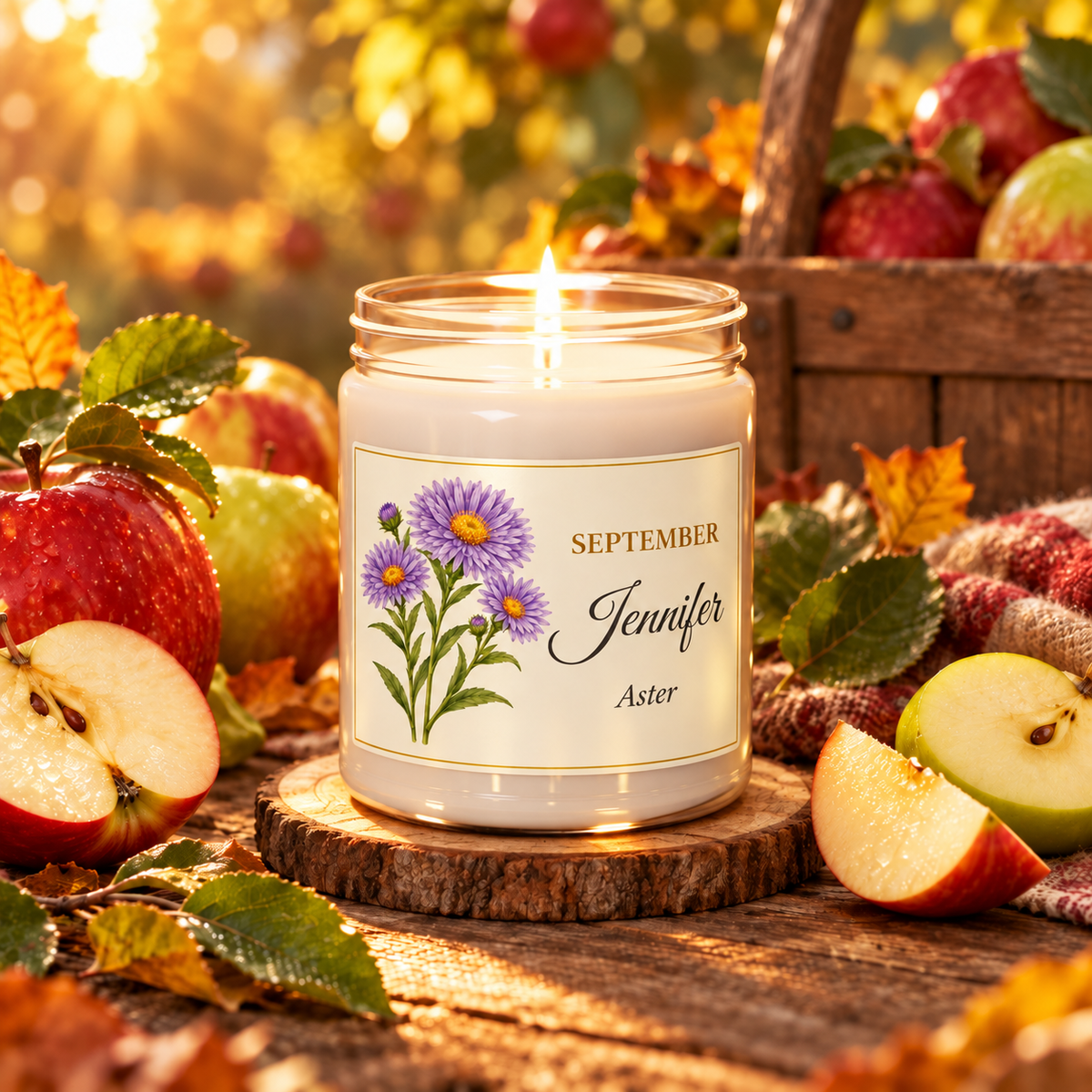 Personalized September birth flower name candle with Aster, Apple Harvest scent