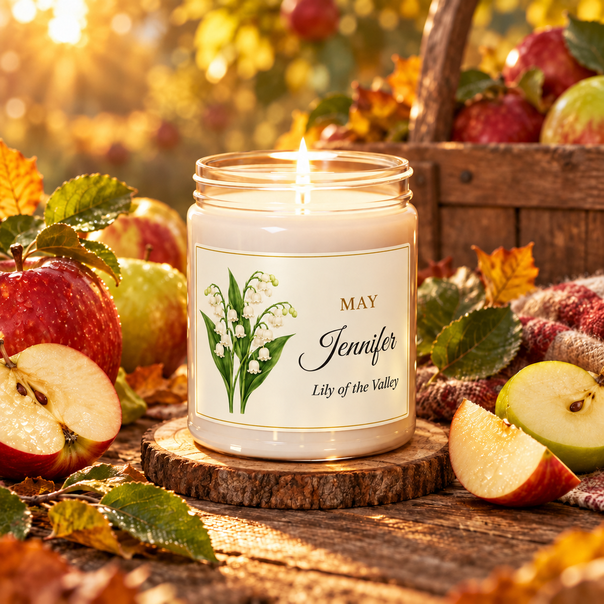 Personalized May birth flower name candle with Lily of the Valley, Apple Harvest scent