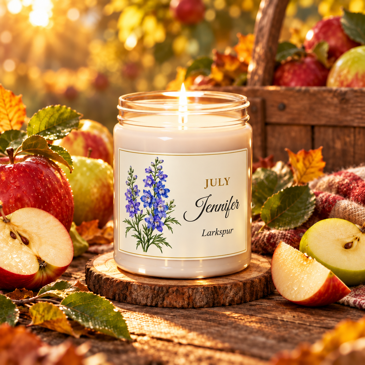 Personalized July birth flower name candle with Larkspur, Apple Harvest scent