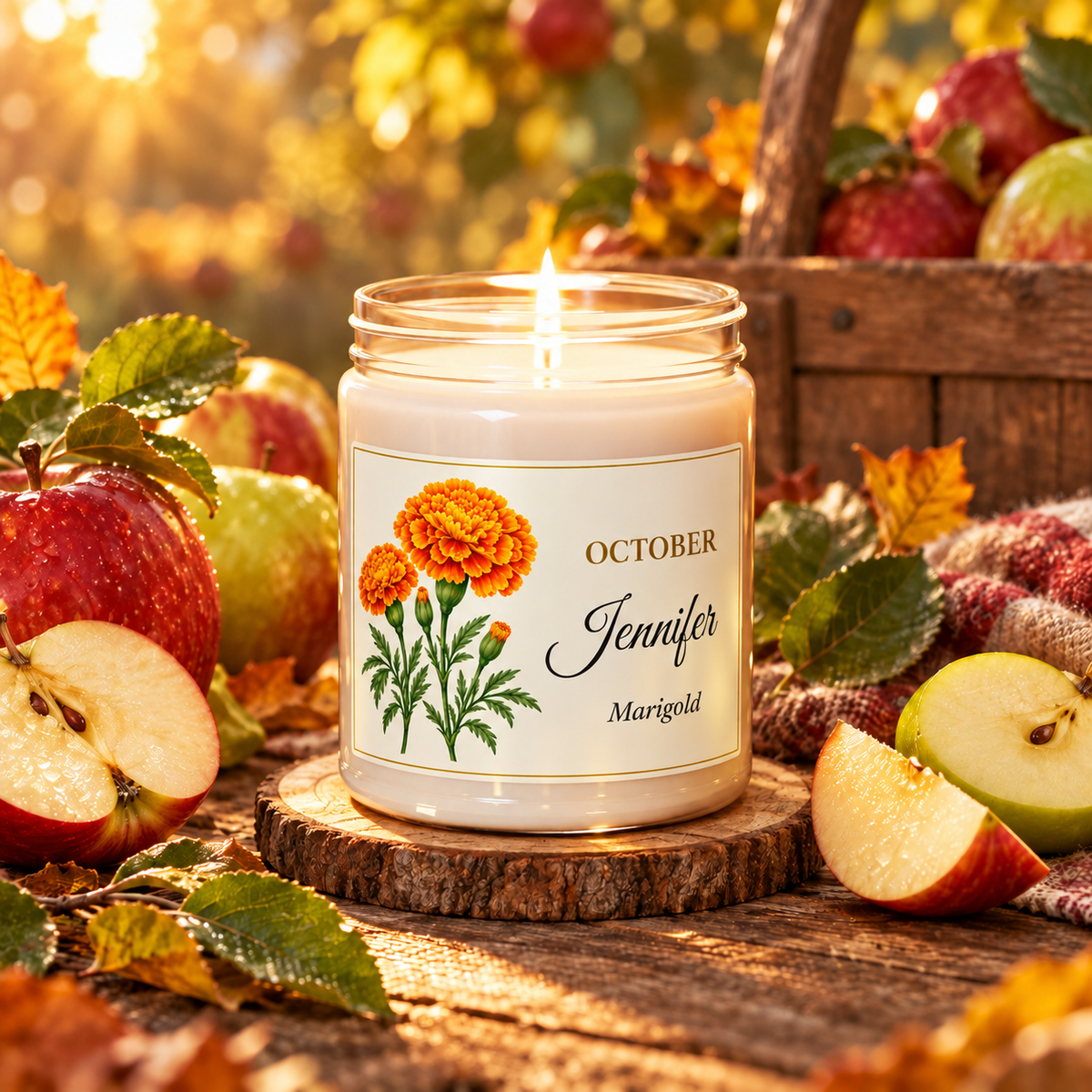 Personalized October birth flower name candle with Marigold, Apple Harvest scent