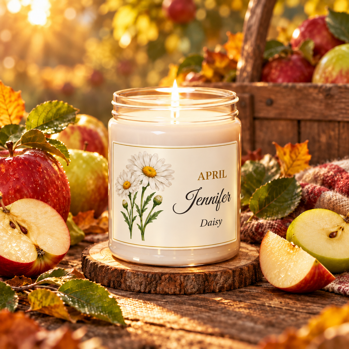 Personalized April birth flower name candle with Daisy, Apple Harvest scent