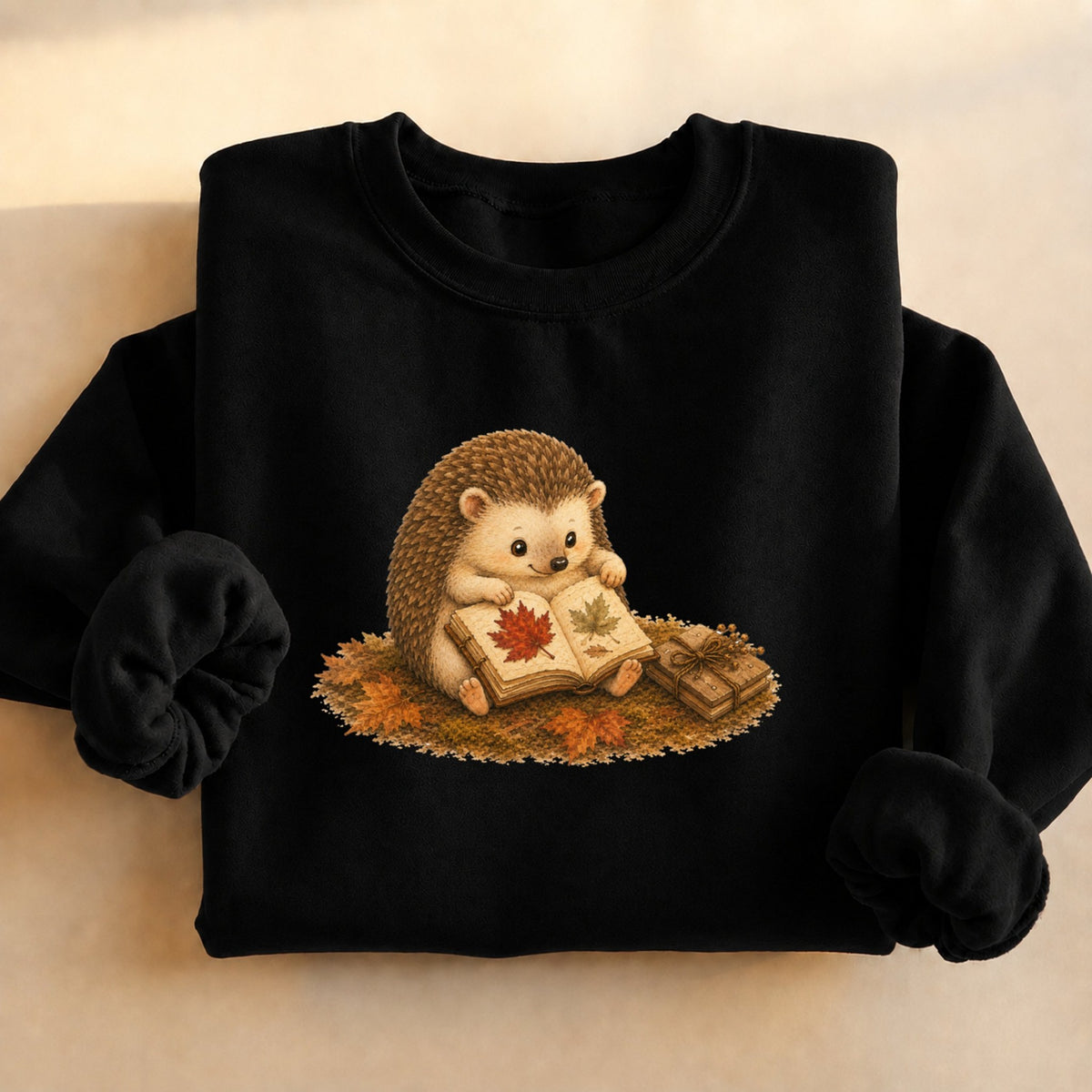 Autumn hedgehog reading sweatshirt in black