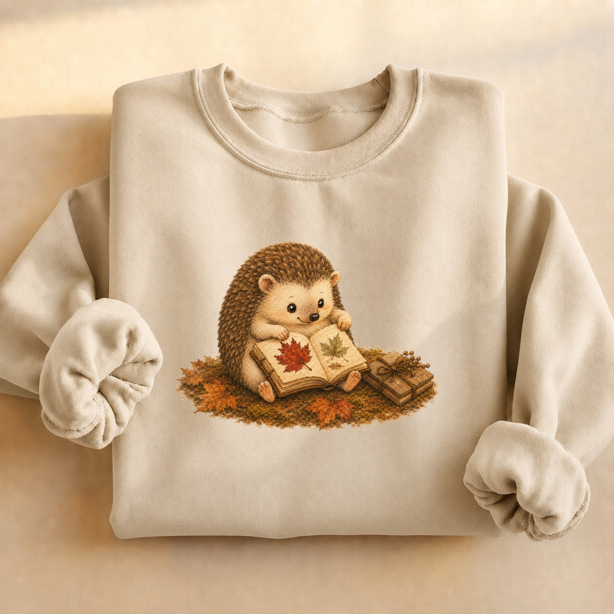 Autumn hedgehog reading sweatshirt in sand