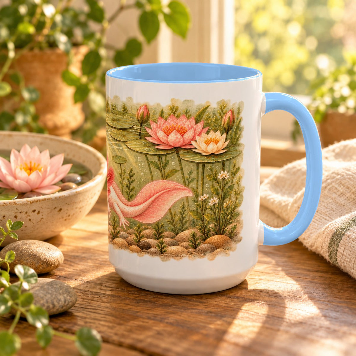 Axolotl mug, light blue inside and handle, 15oz, handle view