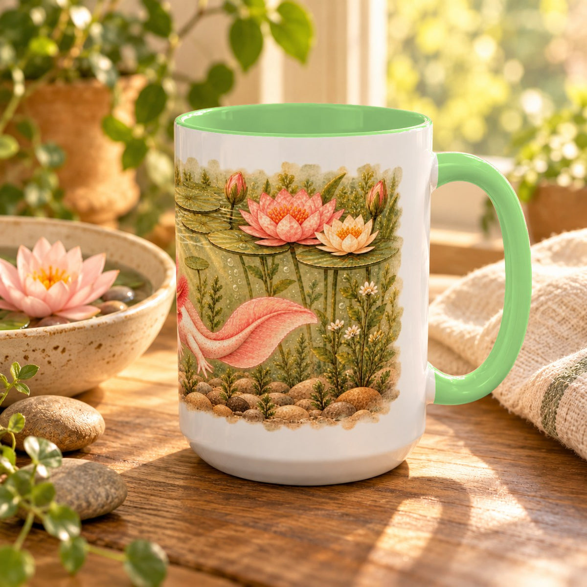 Axolotl mug, light green inside and handle, 15oz, handle view