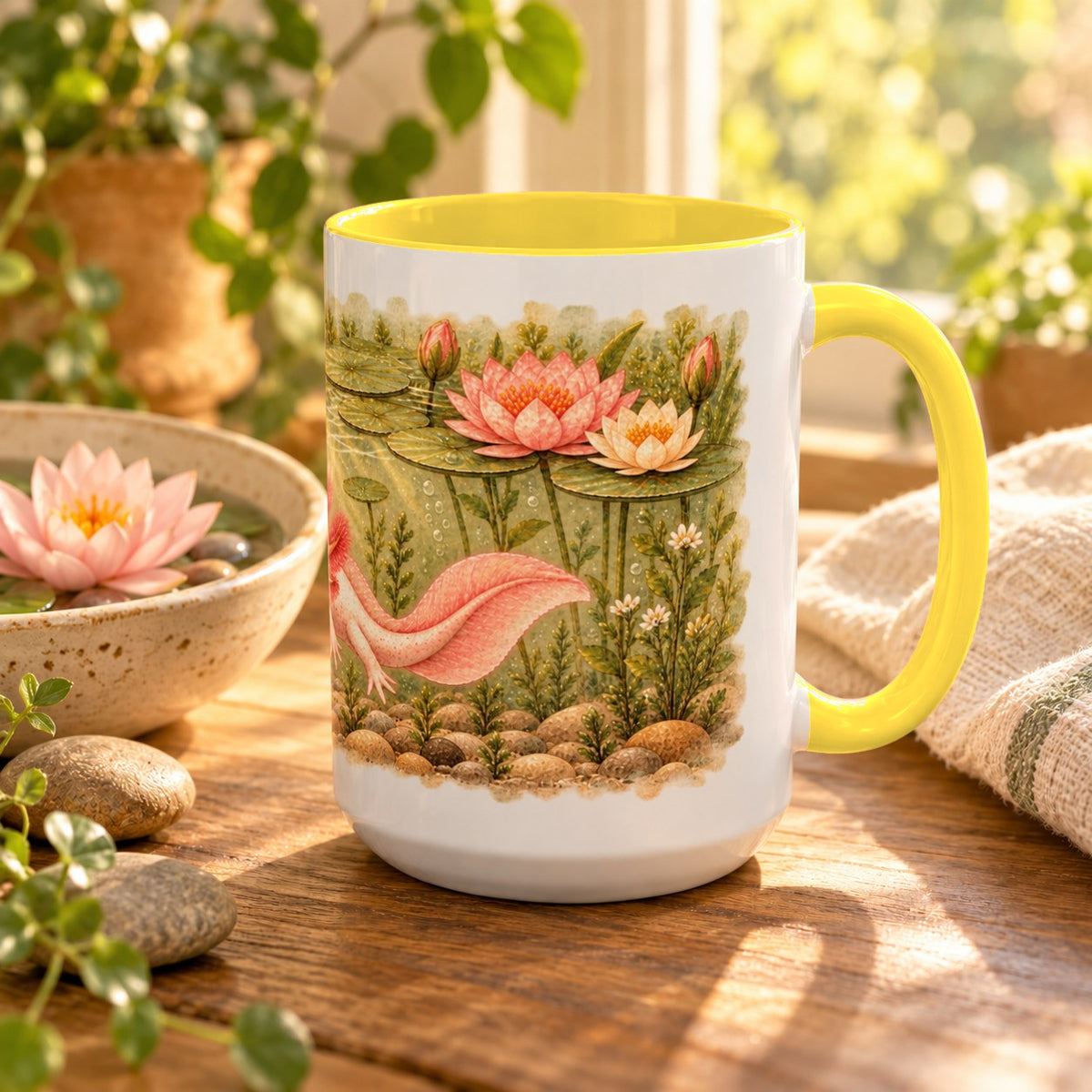Axolotl mug, yellow inside and handle, 15oz, handle view