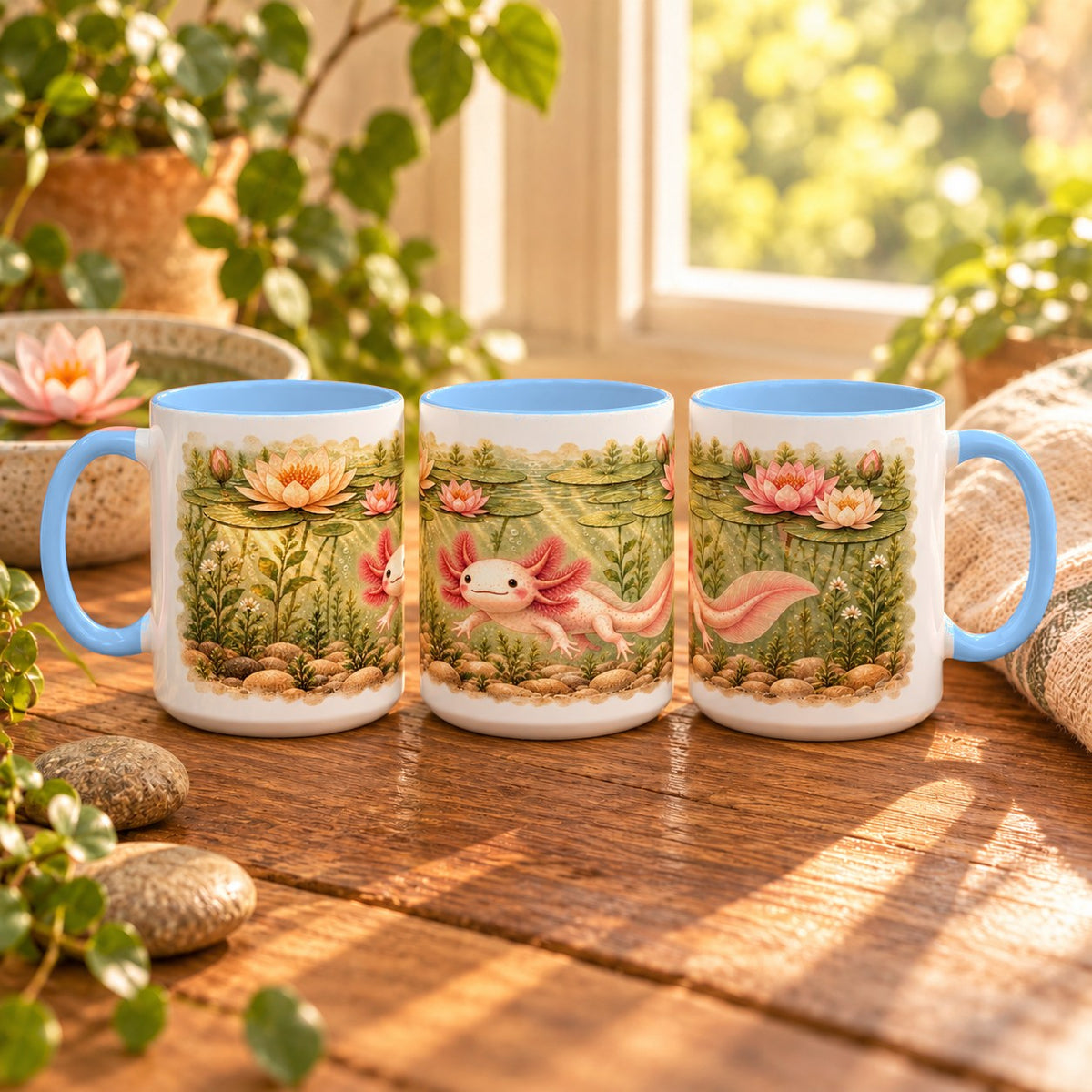 Axolotl mug, light blue inside and handle, 11oz, three views of the full wrap